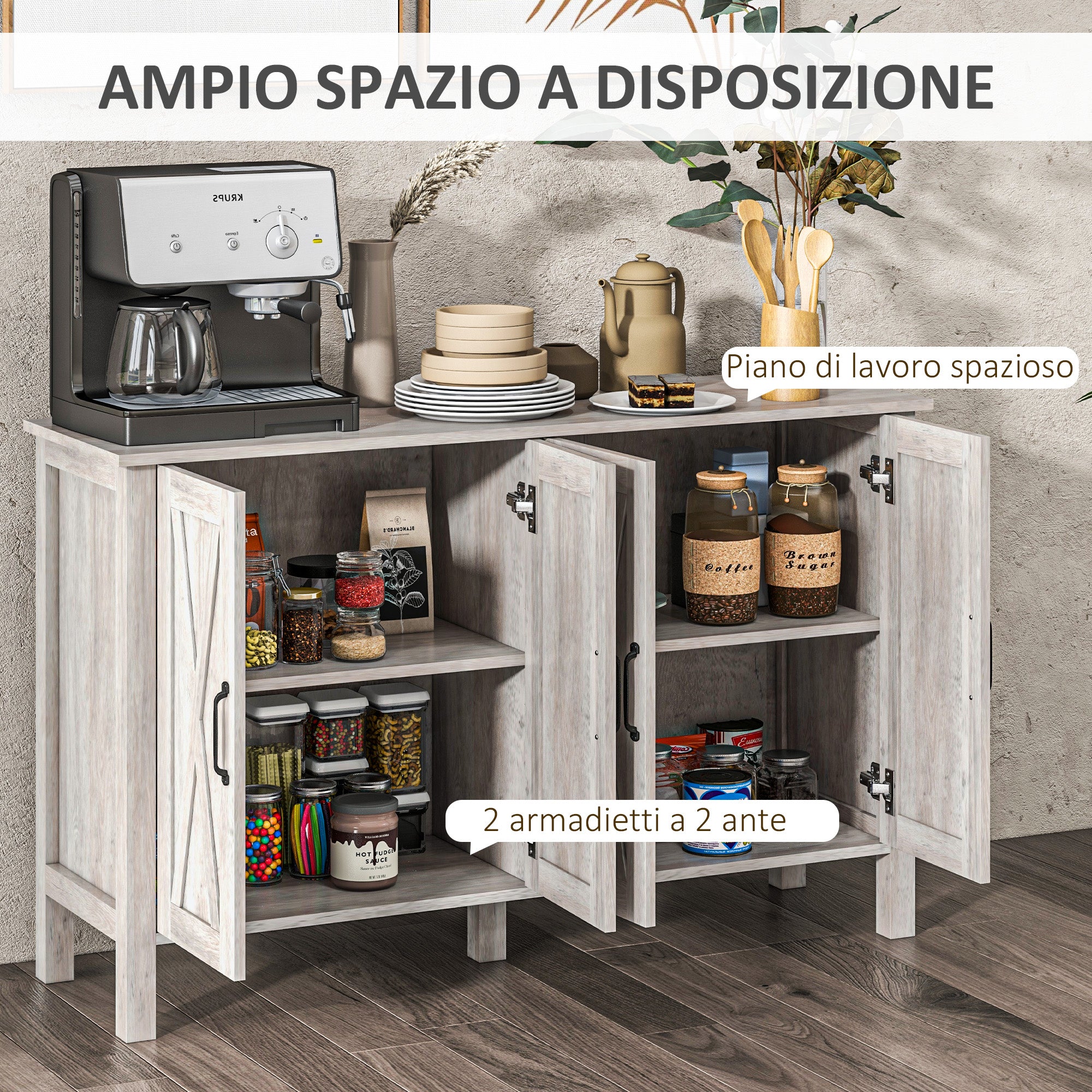 Low Rustic Style Kitchen Cabinet with 2 Adjustable Shelves, TV Buffet for up to 55 inches with 4 Wooden Doors, 120x37x75 cm, Gray