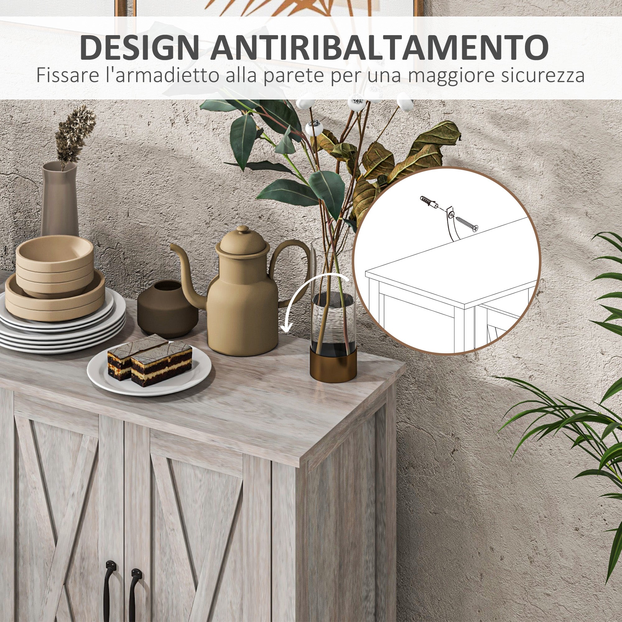 Low Rustic Style Kitchen Cabinet with 2 Adjustable Shelves, TV Buffet for up to 55 inches with 4 Wooden Doors, 120x37x75 cm, Gray