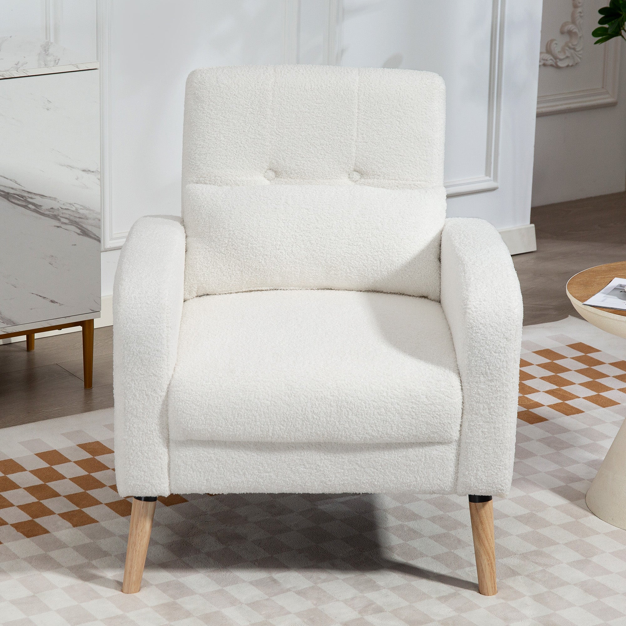 Lounge Chair with Lumbar Pillow, Upholstered Padded Chair with Wooden Legs, Fleece Fabric, Recliner Armchair for Living Room, Bedroom, White