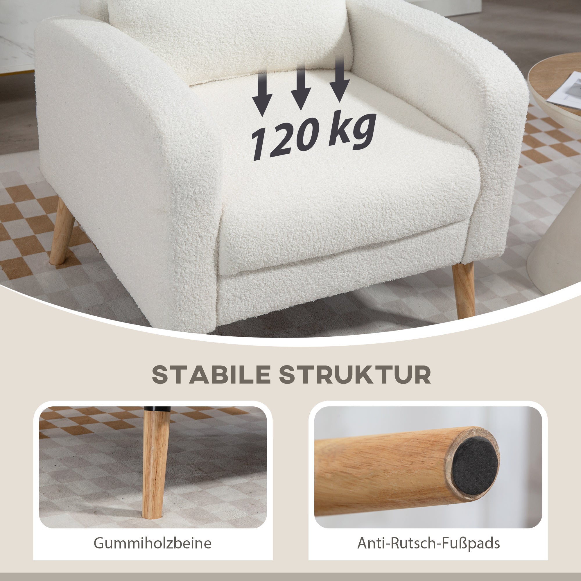 Lounge Chair with Lumbar Pillow, Upholstered Padded Chair with Wooden Legs, Fleece Fabric, Recliner Armchair for Living Room, Bedroom, White