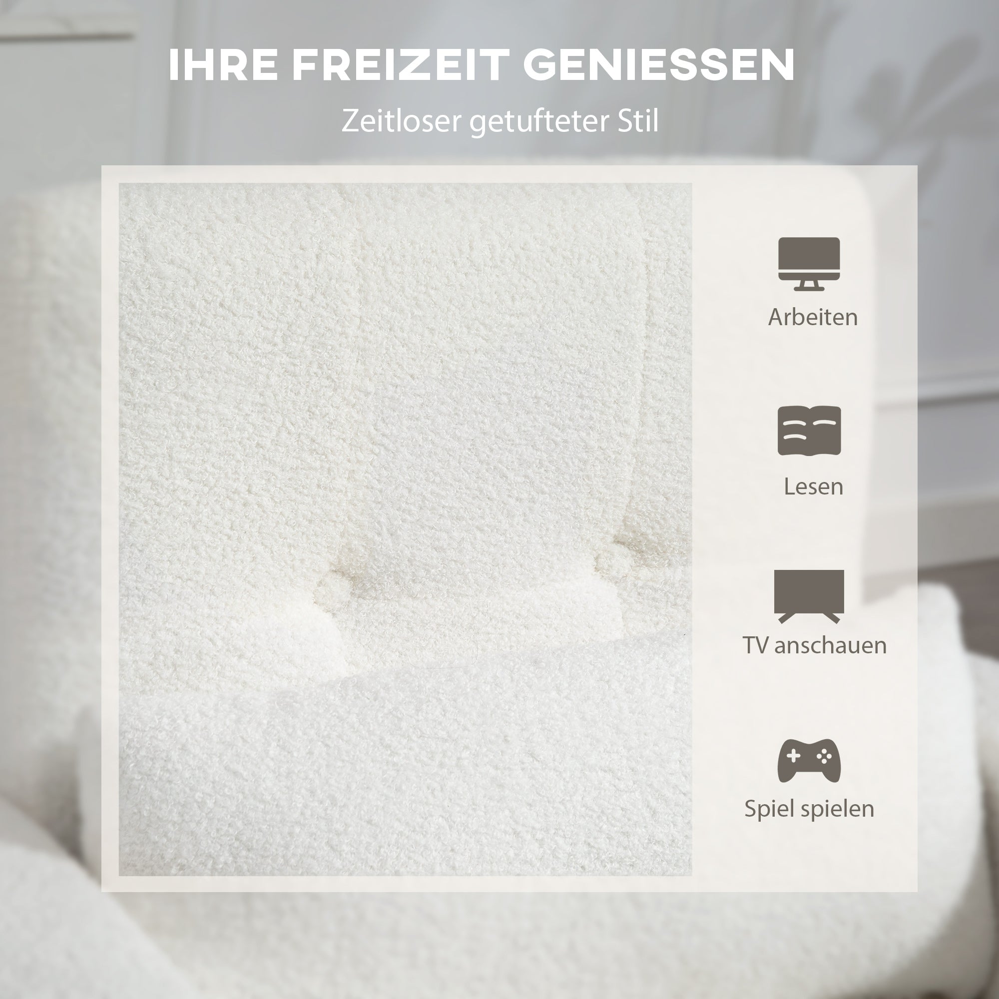 Lounge Chair with Lumbar Pillow, Upholstered Padded Chair with Wooden Legs, Fleece Fabric, Recliner Armchair for Living Room, Bedroom, White