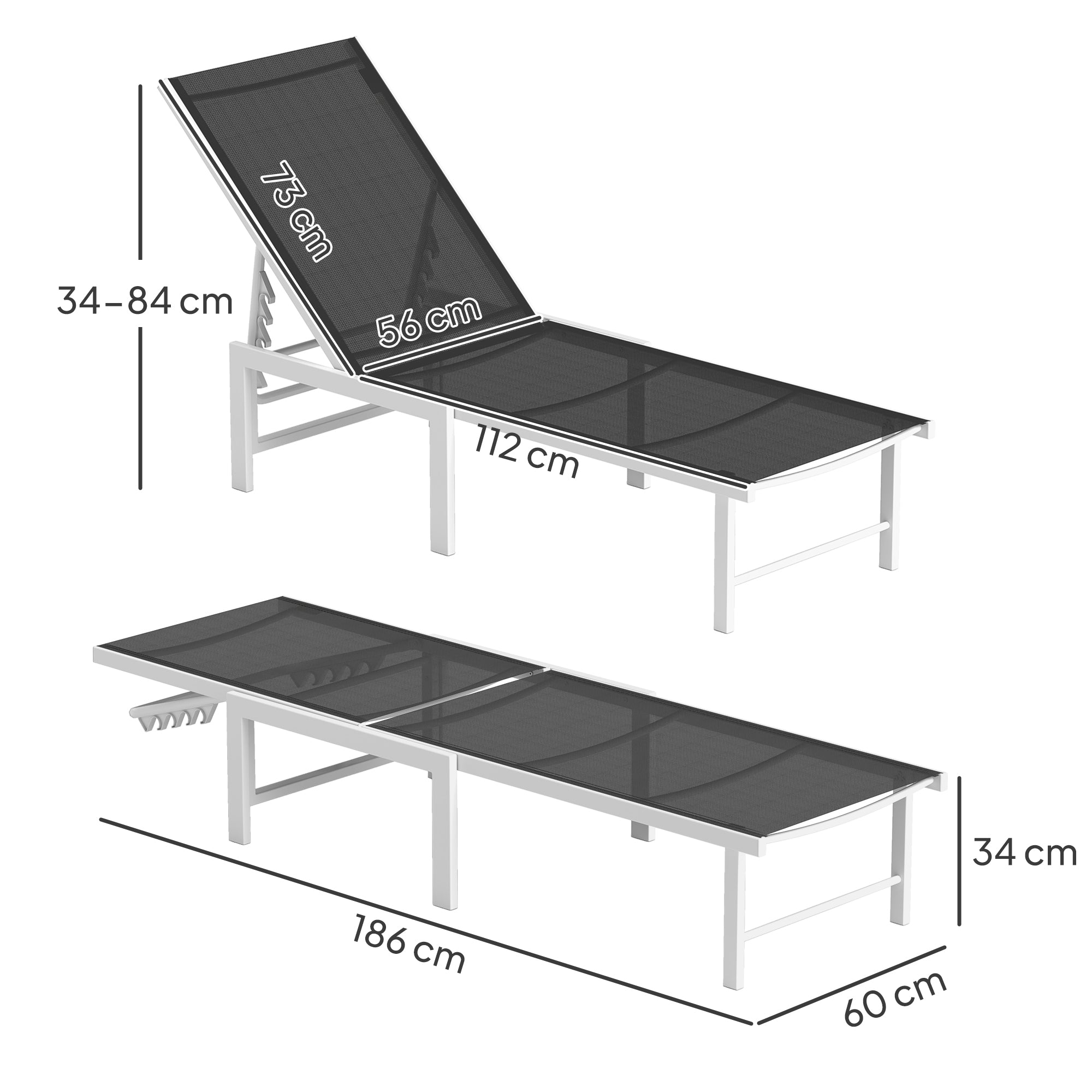 Sun Lounger with Adjustable 5-Level Backrest, Garden Sun Lounger with Breathable Steel and 550g/m² Textilene Seat, for Beach, Pool, and Garden, 60x166x84 cm, Gray