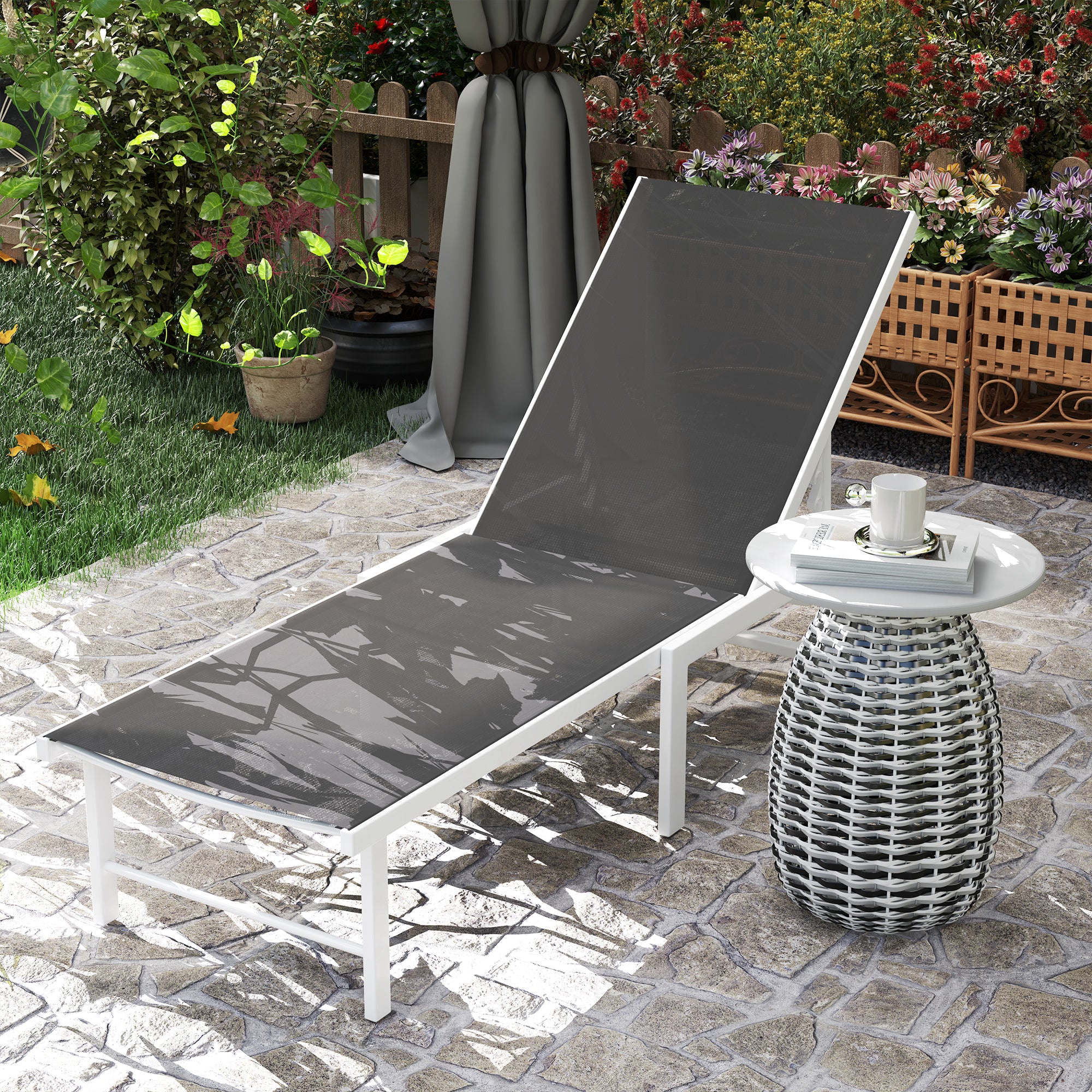Sun Lounger with Adjustable 5-Level Backrest, Garden Sun Lounger with Breathable Steel and 550g/m² Textilene Seat, for Beach, Pool, and Garden, 60x166x84 cm, Gray