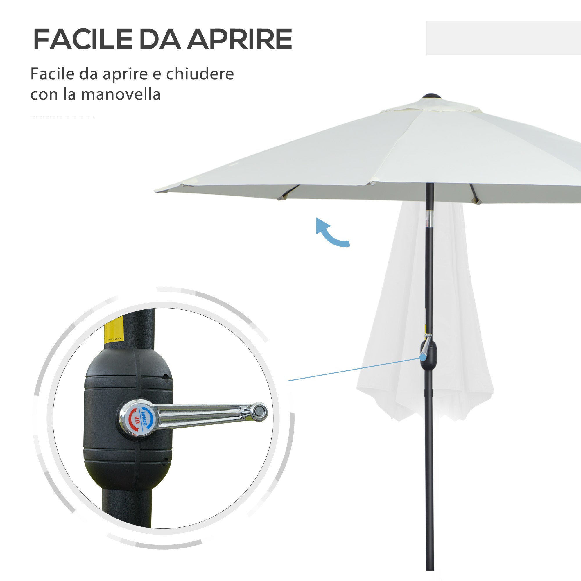 Garden Umbrella Tilted on 3 Angles with Crank, Outdoor Umbrella with 8 Aluminum Ribs and 180g/㎡ Polyester, for Yard, Terrace, and Balcony, Cream