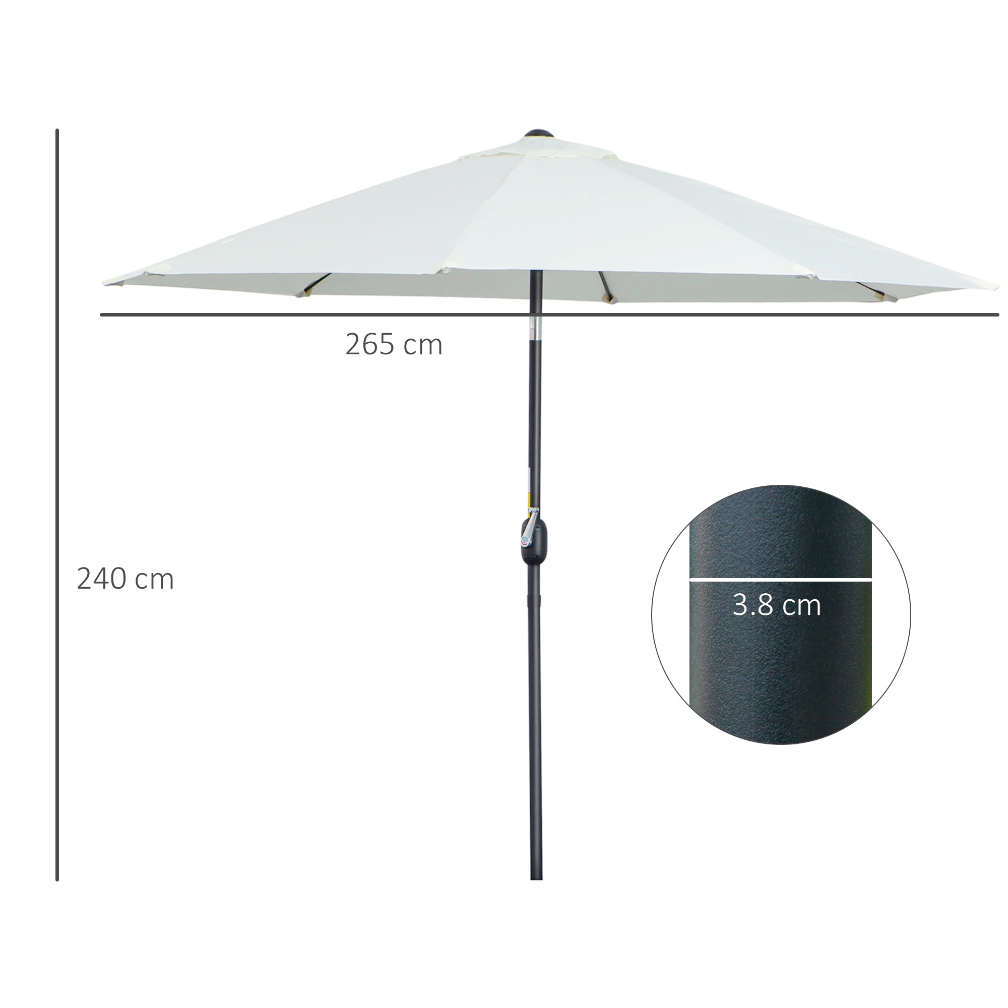 Garden Umbrella Tilted on 3 Angles with Crank, Outdoor Umbrella with 8 Aluminum Ribs and 180g/㎡ Polyester, for Yard, Terrace, and Balcony, Cream