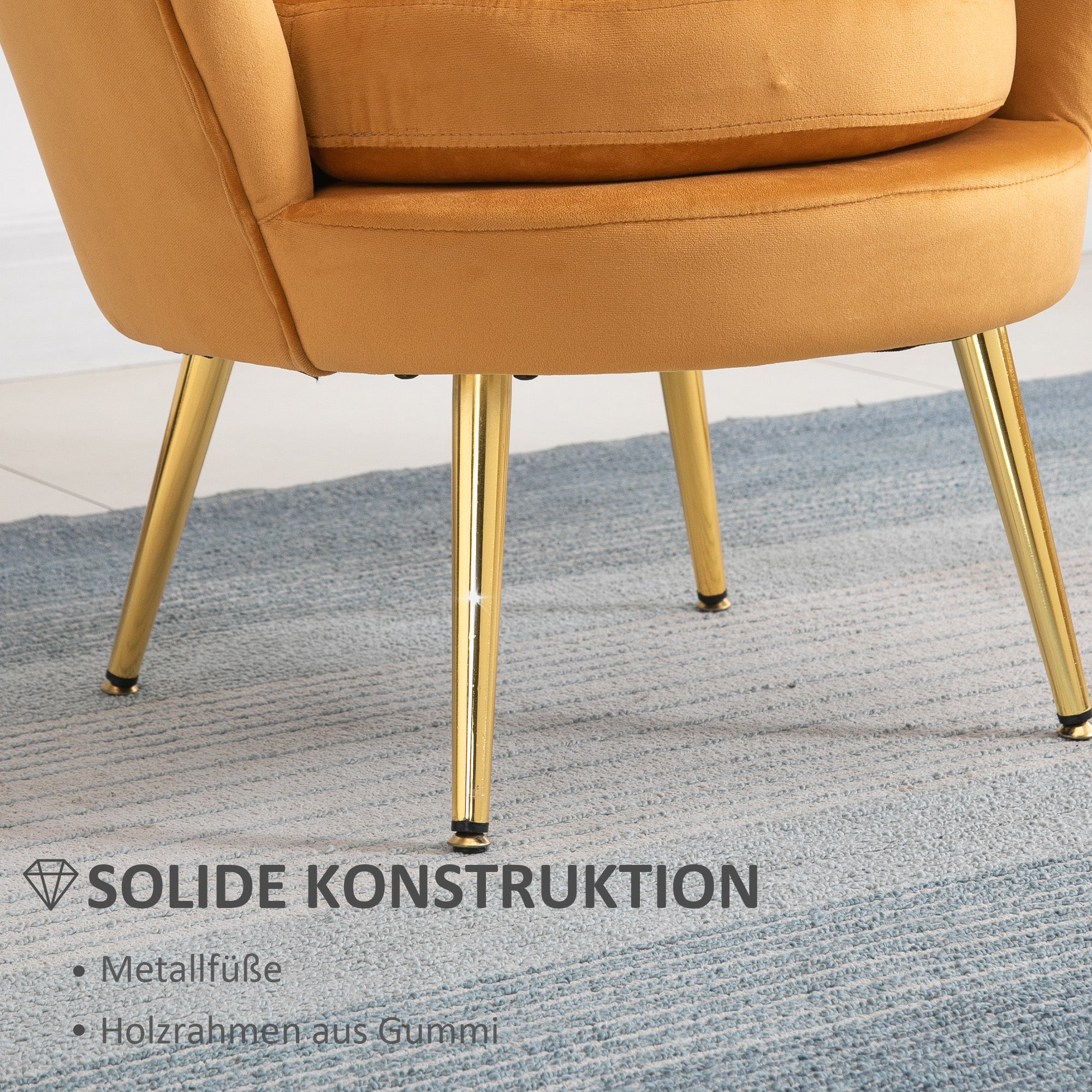 Armchair Upholstered Shell-shaped Relaxing Chair with Metal Legs, Vanity Stool with Velvet Look, for Bedroom Living Room, Yellow