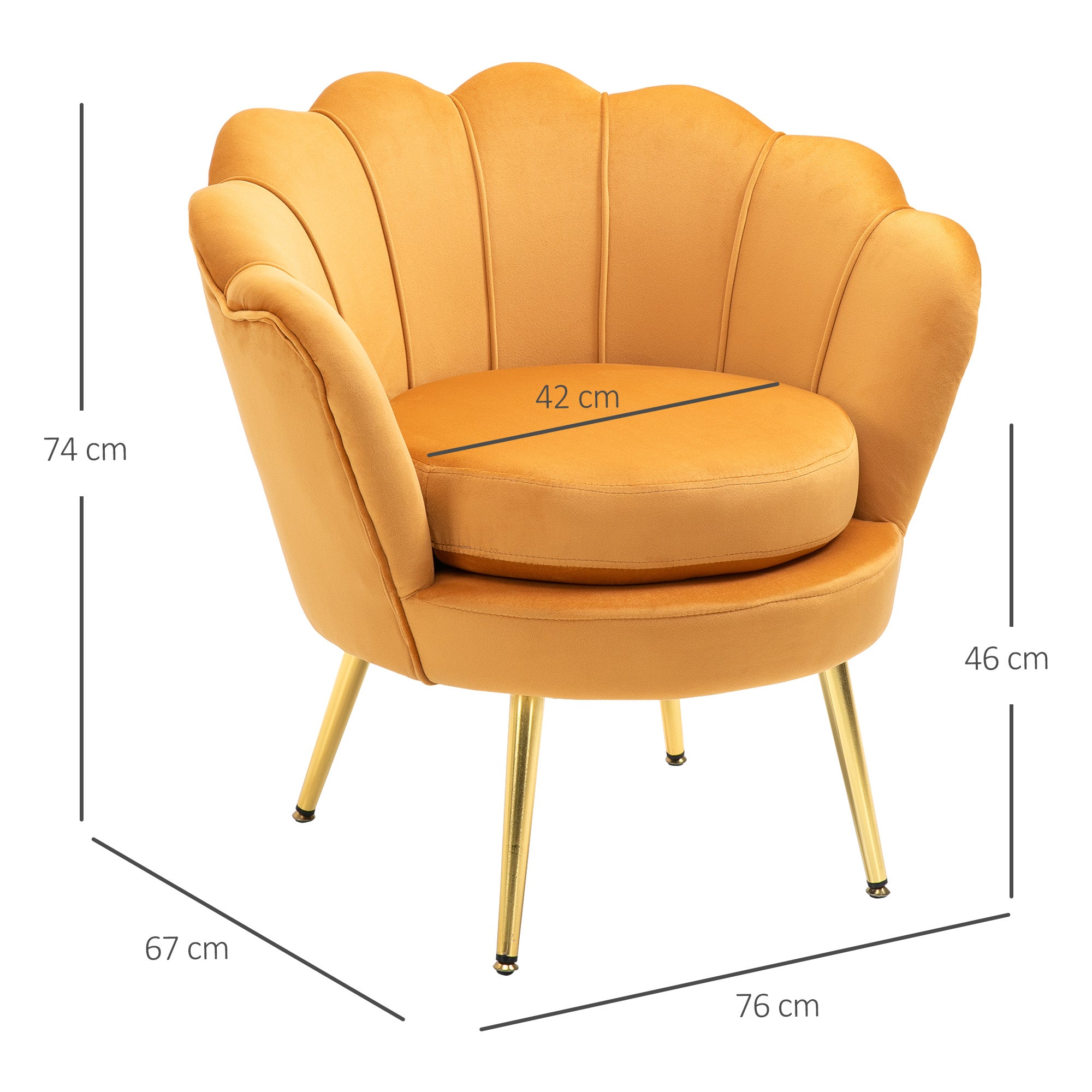 Armchair Upholstered Shell-shaped Relaxing Chair with Metal Legs, Vanity Stool with Velvet Look, for Bedroom Living Room, Yellow