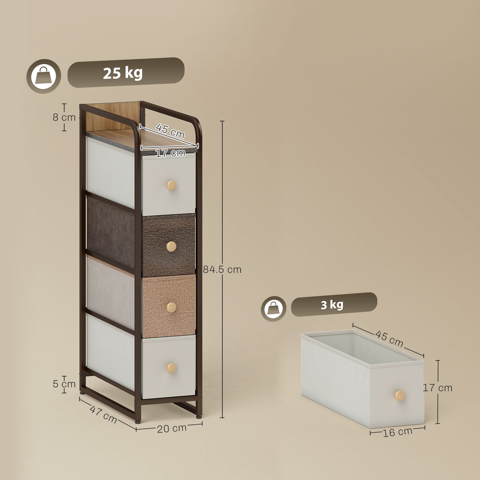 4-Drawer Foldable Fabric Chest, Narrow Storage Unit with Top Shelf and Steel Frame, Modern Style, Multicolor