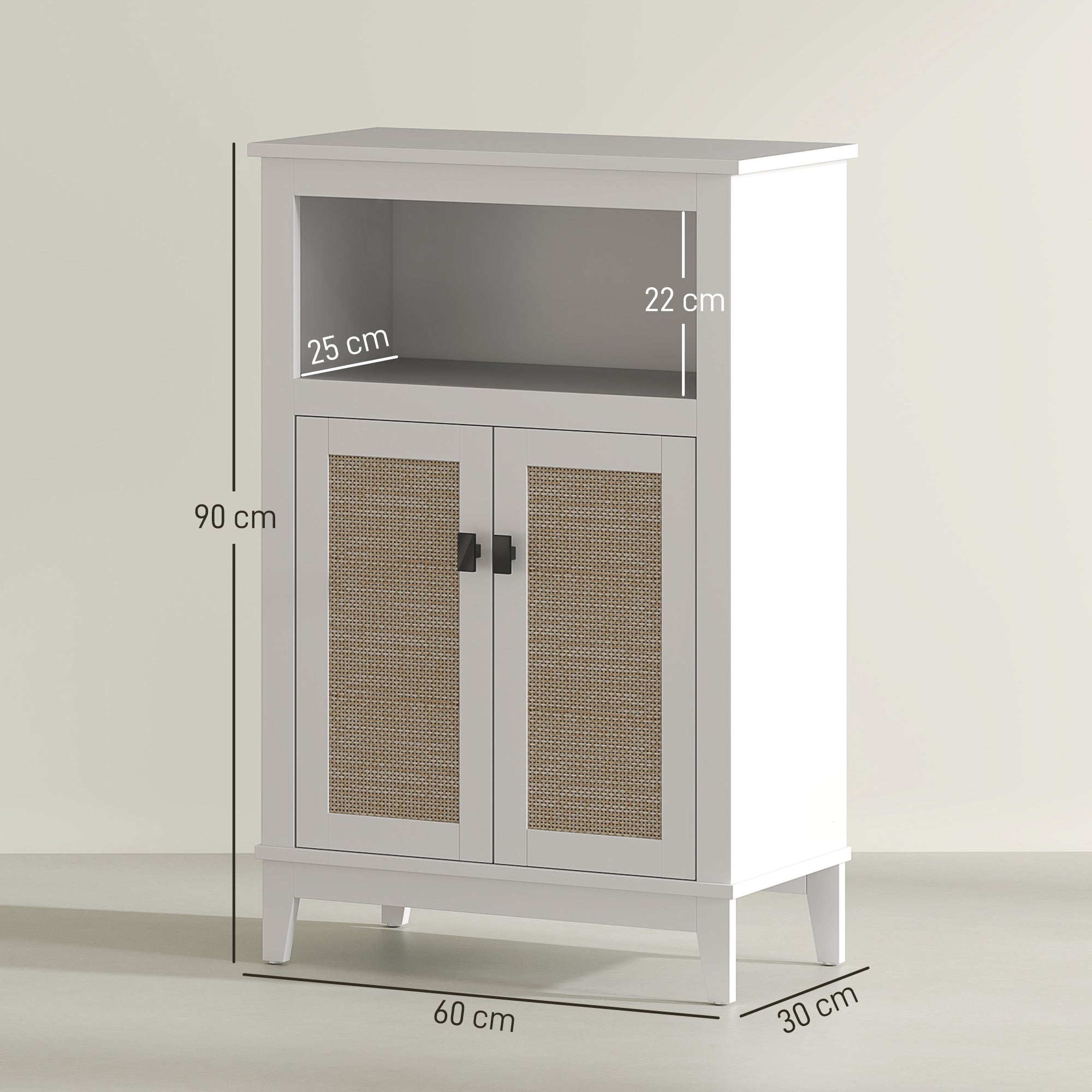 Bathroom Storage Cabinet with 2 Doors with Rattan Fronts Bathroom Cabinet with Adjustable Shelf and Open Compartment 60x30x90 cm White