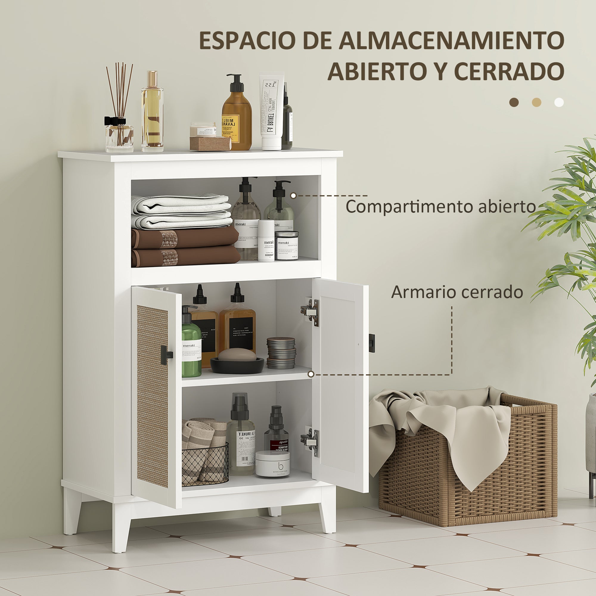 Bathroom Storage Cabinet with 2 Doors with Rattan Fronts Bathroom Cabinet with Adjustable Shelf and Open Compartment 60x30x90 cm White