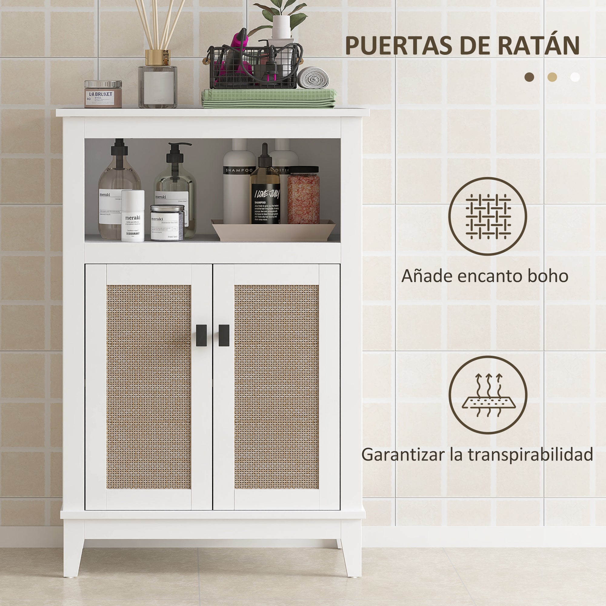 Bathroom Storage Cabinet with 2 Doors with Rattan Fronts Bathroom Cabinet with Adjustable Shelf and Open Compartment 60x30x90 cm White