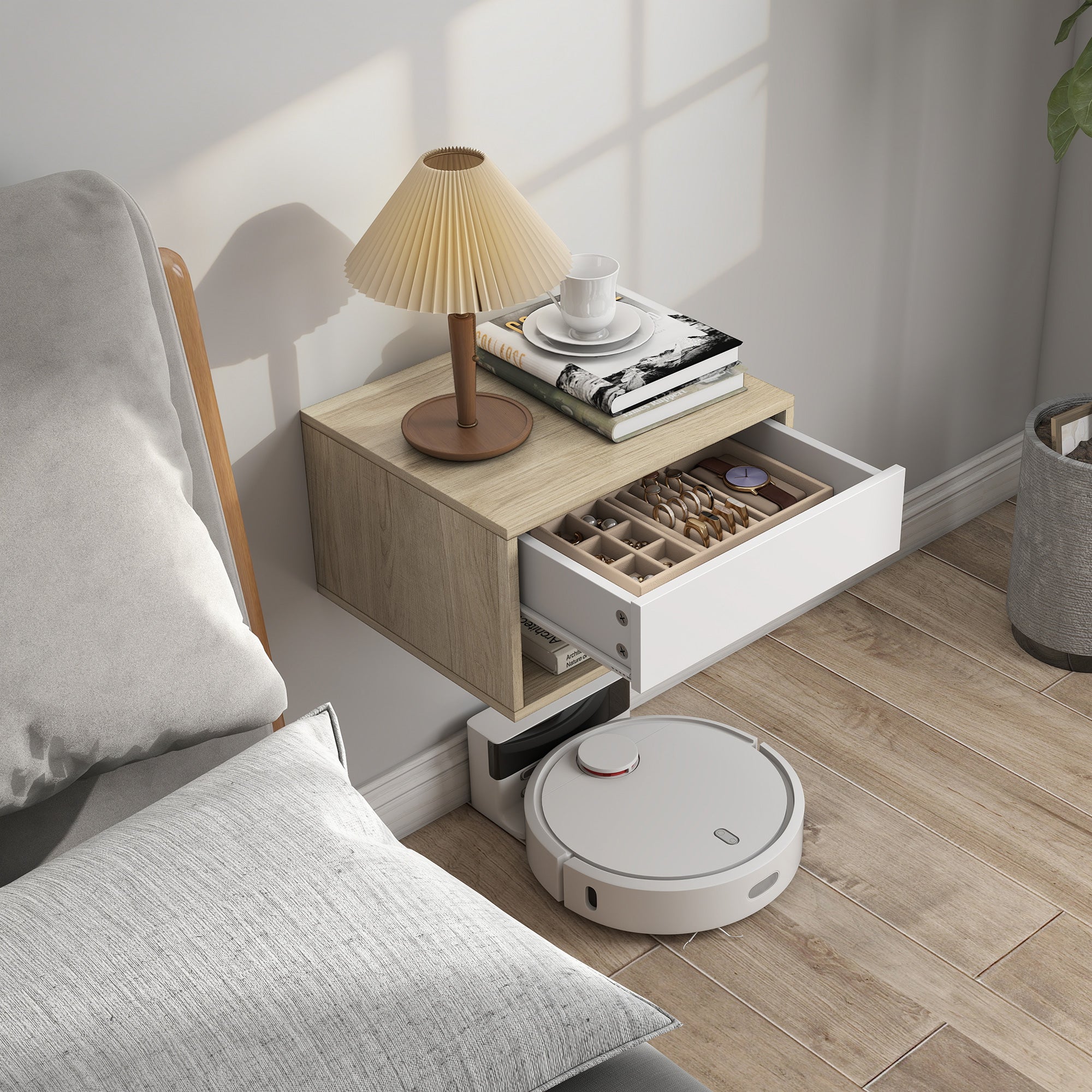 Set of 2 Floating Nightstands — Wall-Mounted Nightstands with Drawer & Open Shelf, Modern, 14.6 x 12.6 x 8.3 in, Natural Wood & White