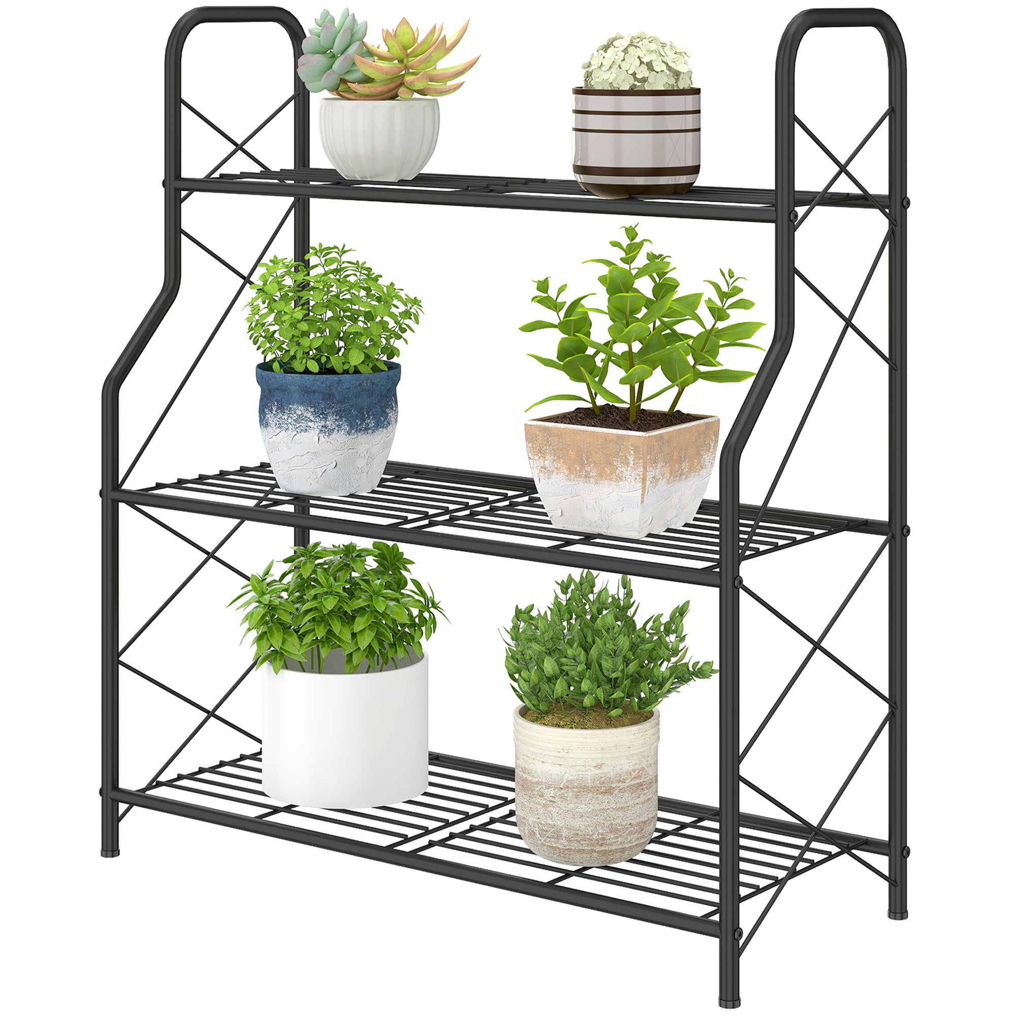 3-Tier Metal Plant Stand for Indoor & Outdoor — Adjustable Feet & Handles, Stable and Durable, for Pots, Patio, Garden, Balcony, Black