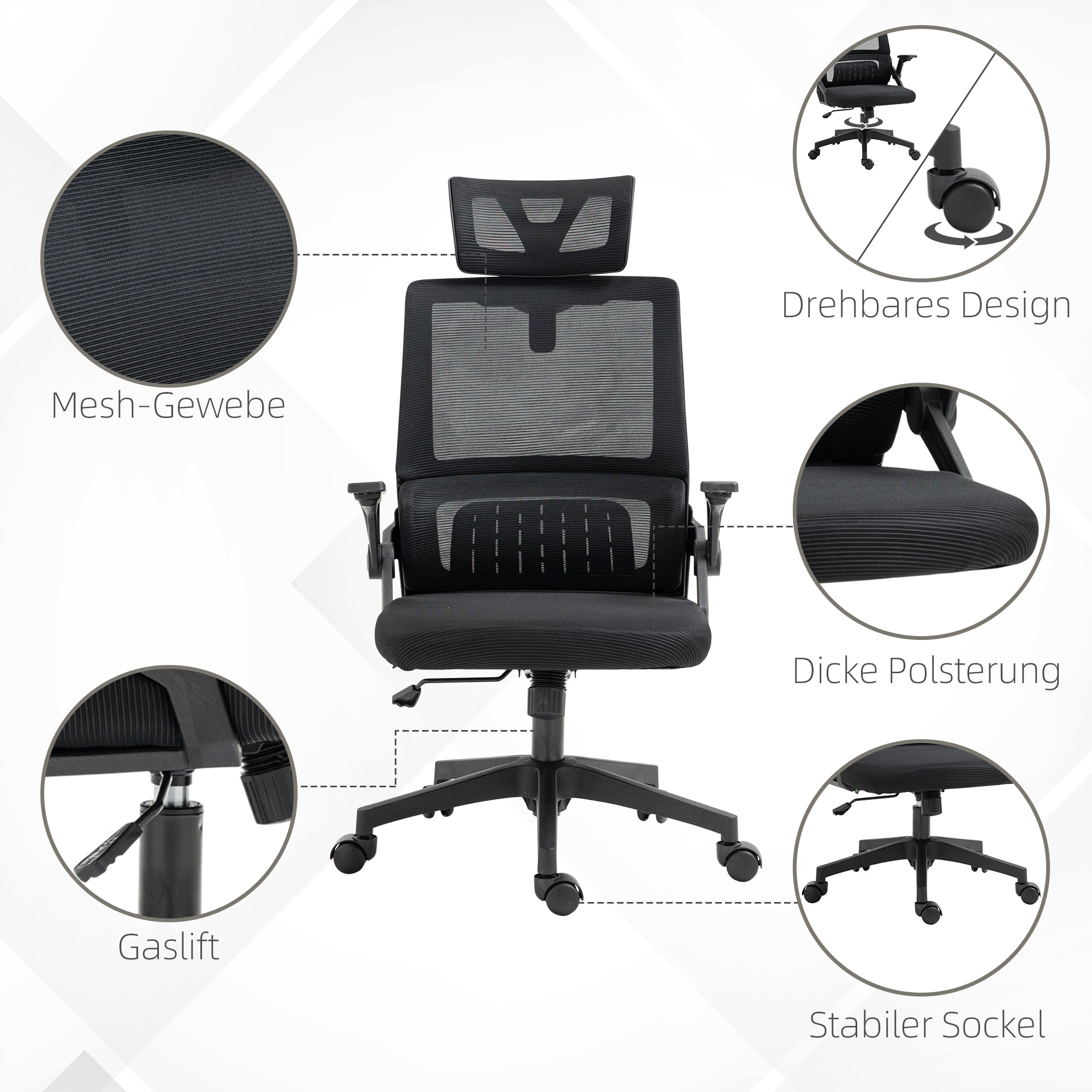Ergonomic Office Chair, Desk Chair with Adjustable Headrest, Height-Adjustable Armrest Computer Chair with Tilt Function, Lumbar Support, Mesh, Black