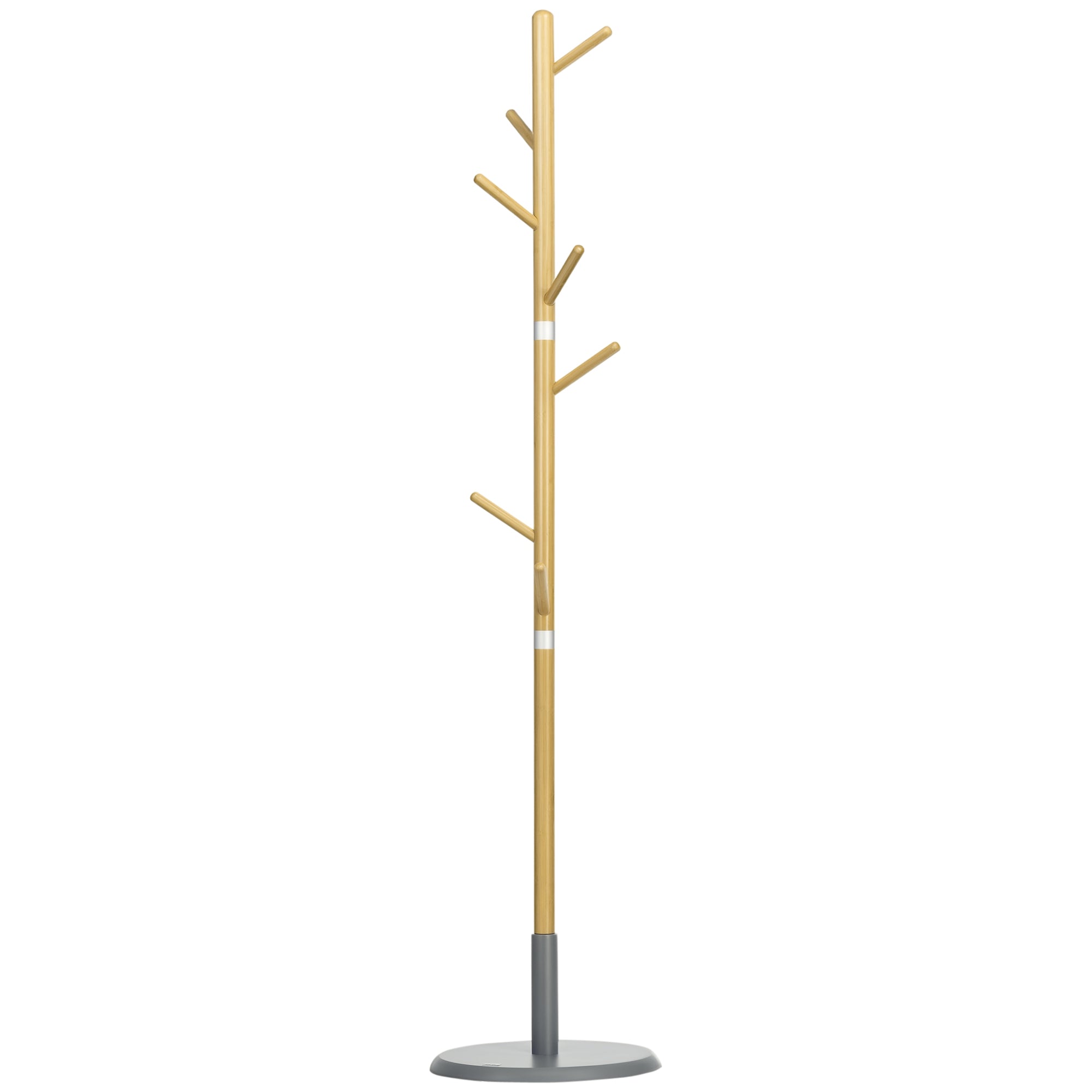 Bamboo Coat Rack Freestanding Coat Tree Stand with 8 Hooks for Hanging Clothes Bags Tree-Shaped Coat Rack Ø37.8x175.6 cm Natural and Gray