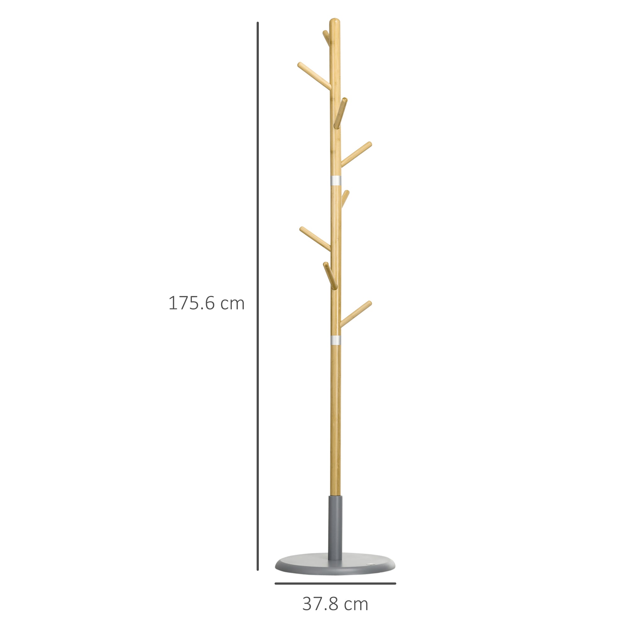 Bamboo Coat Rack Freestanding Coat Tree Stand with 8 Hooks for Hanging Clothes Bags Tree-Shaped Coat Rack Ø37.8x175.6 cm Natural and Gray