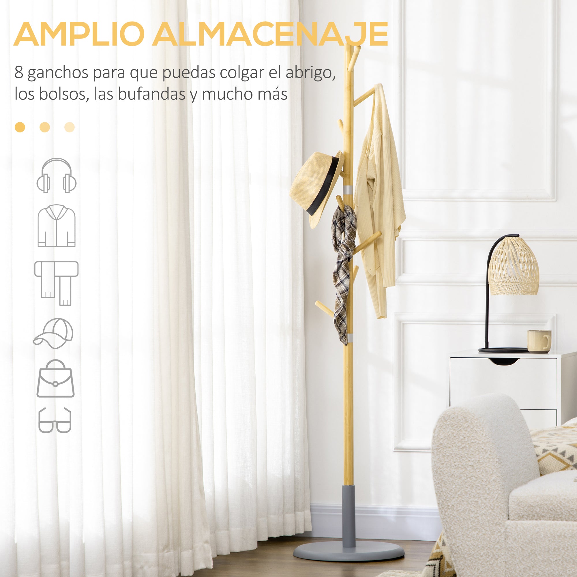 Bamboo Coat Rack Freestanding Coat Tree Stand with 8 Hooks for Hanging Clothes Bags Tree-Shaped Coat Rack Ø37.8x175.6 cm Natural and Gray