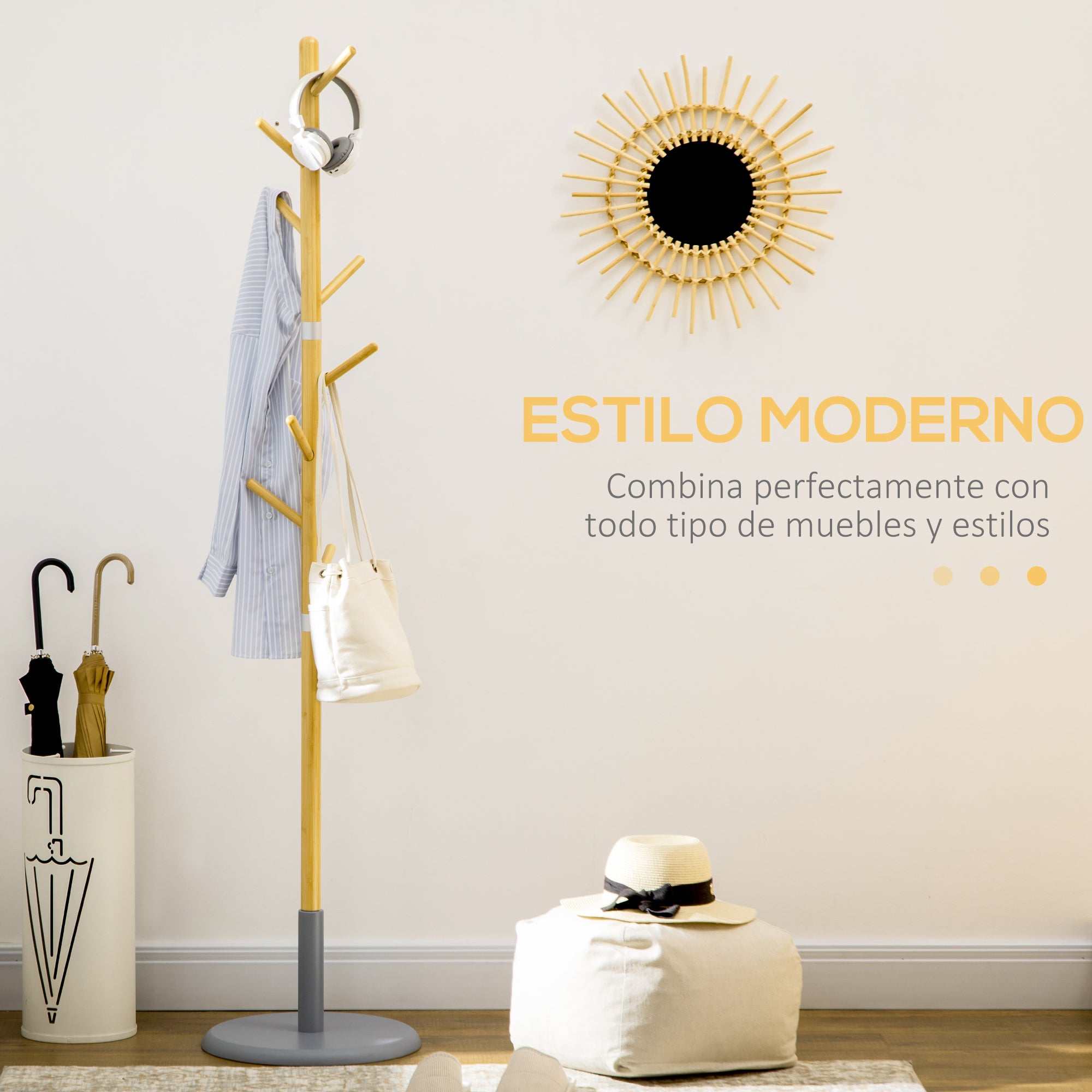 Bamboo Coat Rack Freestanding Coat Tree Stand with 8 Hooks for Hanging Clothes Bags Tree-Shaped Coat Rack Ø37.8x175.6 cm Natural and Gray