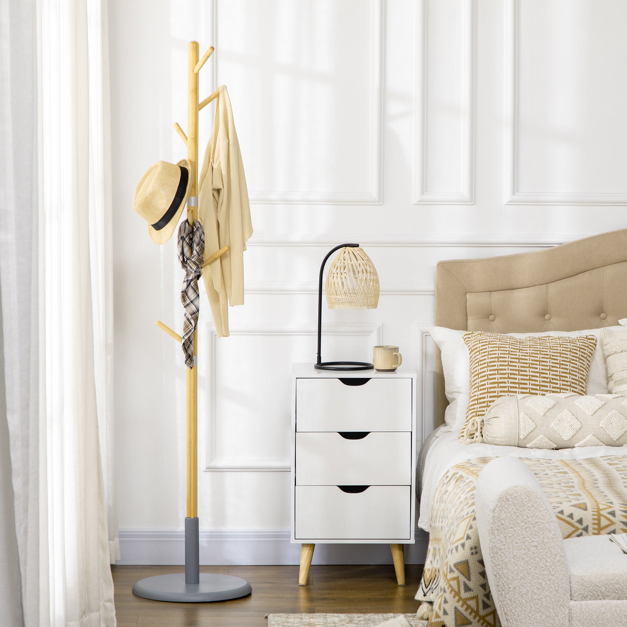 Bamboo Coat Rack Freestanding Coat Tree Stand with 8 Hooks for Hanging Clothes Bags Tree-Shaped Coat Rack Ø37.8x175.6 cm Natural and Gray