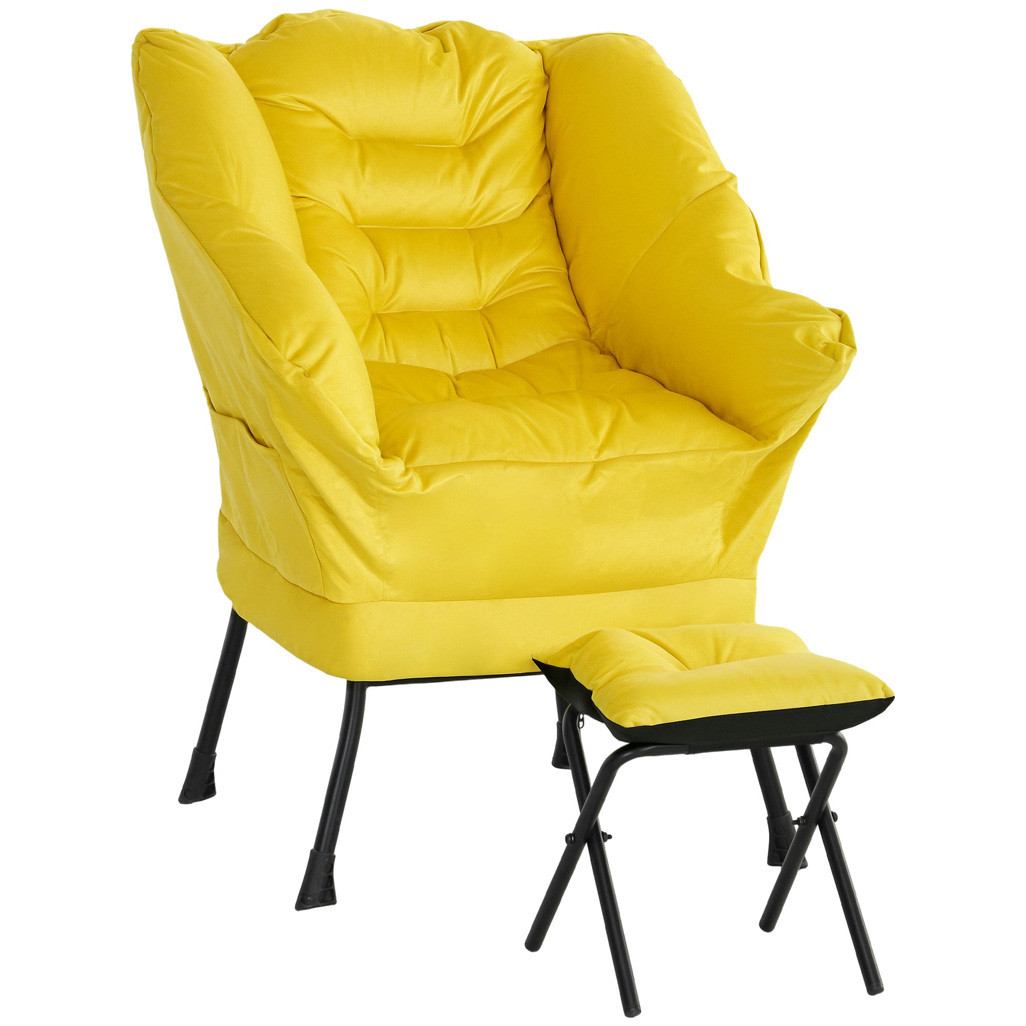 Living Room Armchair with Ottoman Relax Chair for Bedroom with Side Pockets and Steel Legs for Living Room Yellow