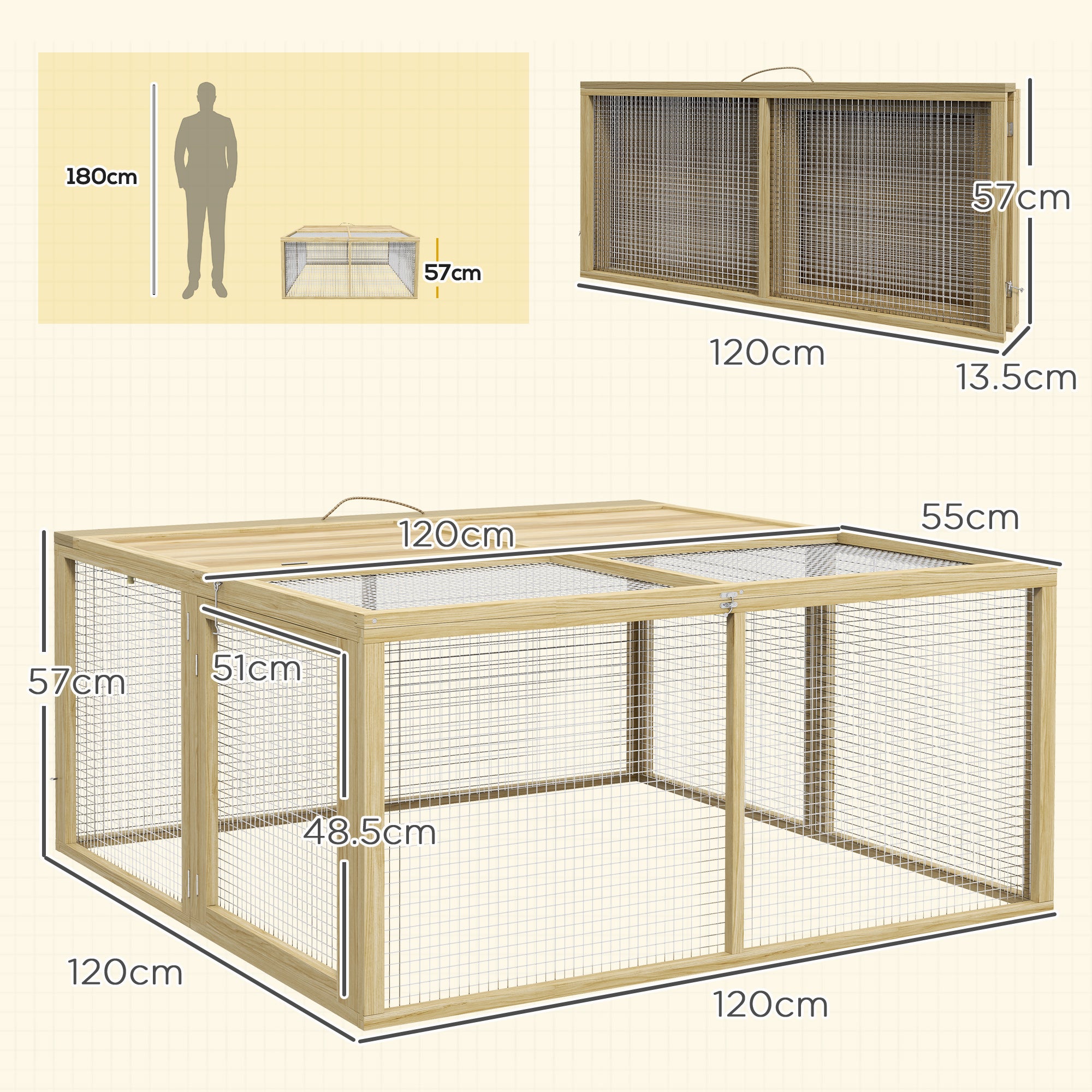 Rabbit Hutch for Dwarf Rabbits made of Wood, Foldable Small Animal Hutch with Outdoor Run, Rabbit Hutch with Foldable Roof Handle for Guinea Pigs, Natural, 110 x 105 x 50 cm