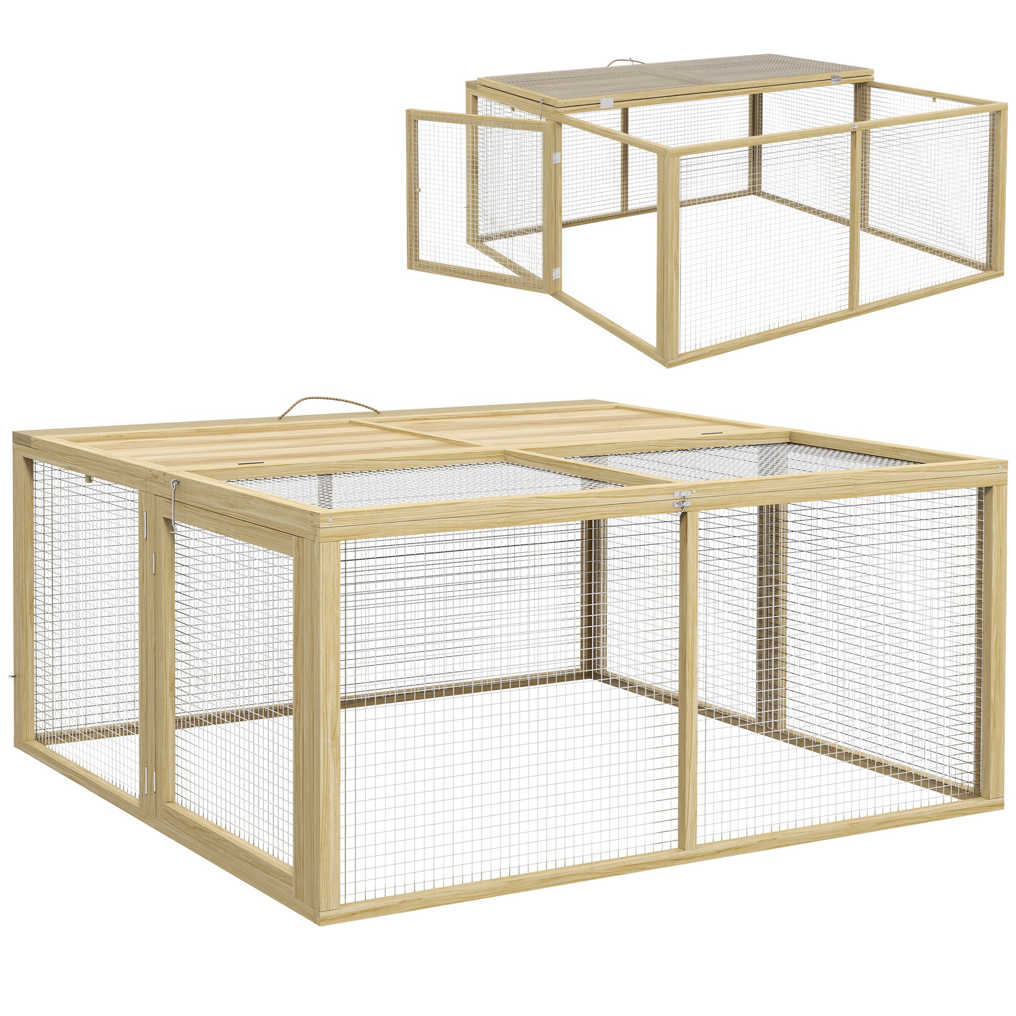 Rabbit Hutch for Dwarf Rabbits made of Wood, Foldable Small Animal Hutch with Outdoor Run, Rabbit Hutch with Foldable Roof Handle for Guinea Pigs, Natural, 110 x 105 x 50 cm