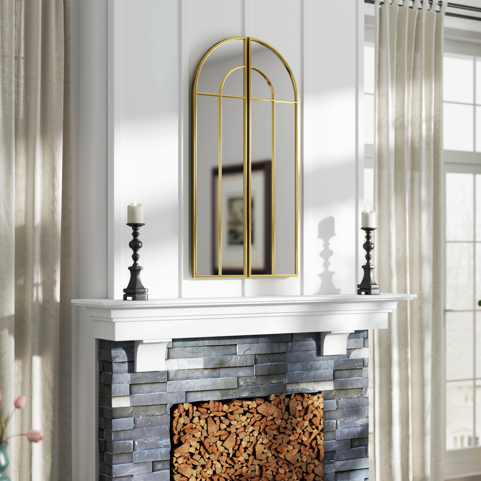 Decorative Wall Mirror 2 Pieces 30x120 cm Window Mirror with Arched Design and Metal Frame Mirror for Living Room Bedroom Entrance Gold