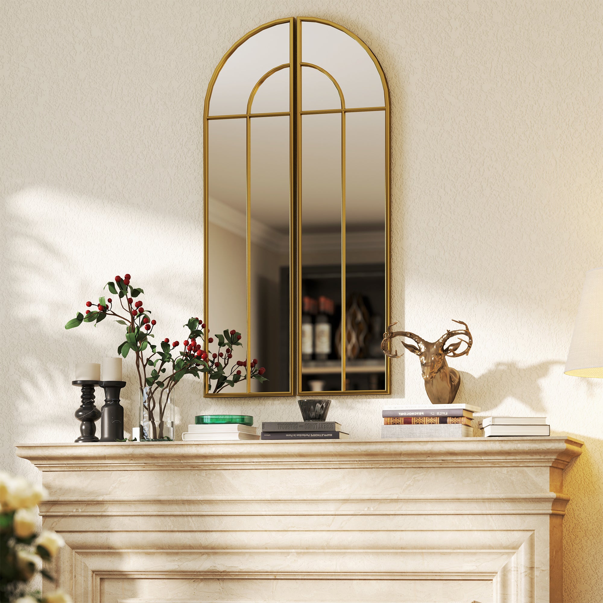 Decorative Wall Mirror 2 Pieces 30x120 cm Window Mirror with Arched Design and Metal Frame Mirror for Living Room Bedroom Entrance Gold