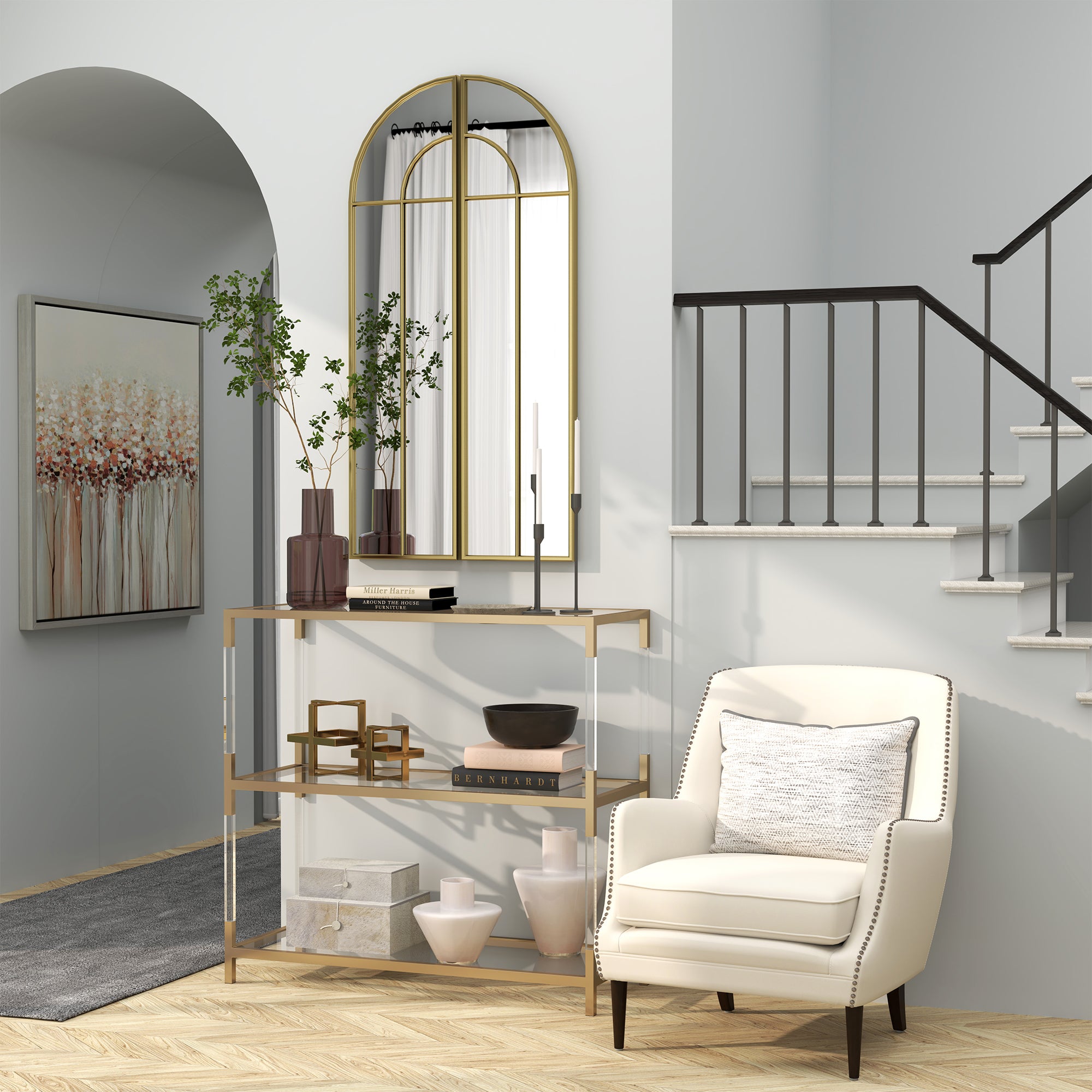 Decorative Wall Mirror 2 Pieces 30x120 cm Window Mirror with Arched Design and Metal Frame Mirror for Living Room Bedroom Entrance Gold