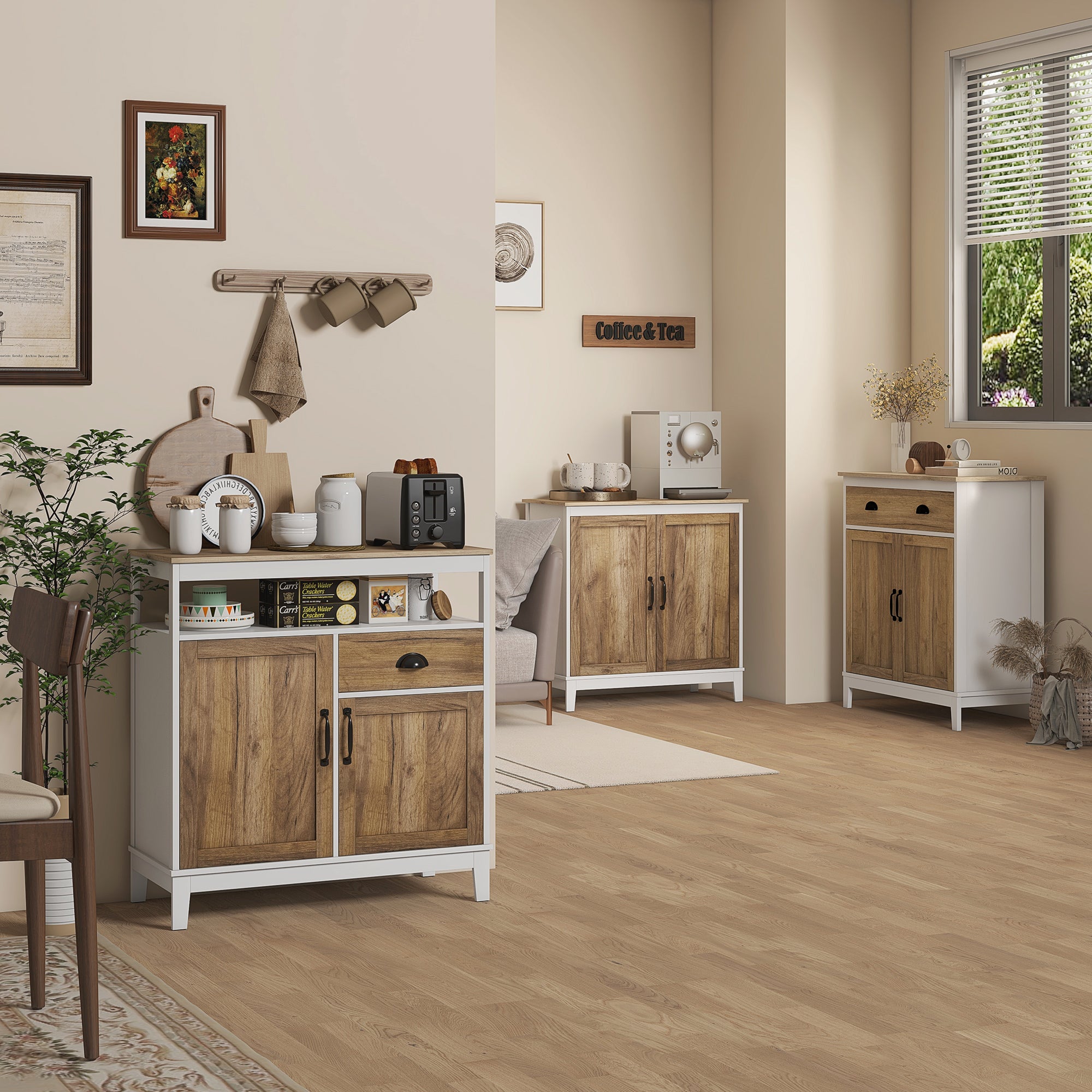 Living Room Sideboard Storage Cabinet with 2 Doors Drawer and Adjustable Shelf for Dining Room Kitchen Bedroom 76.6x35x81.5 cm White and Brown