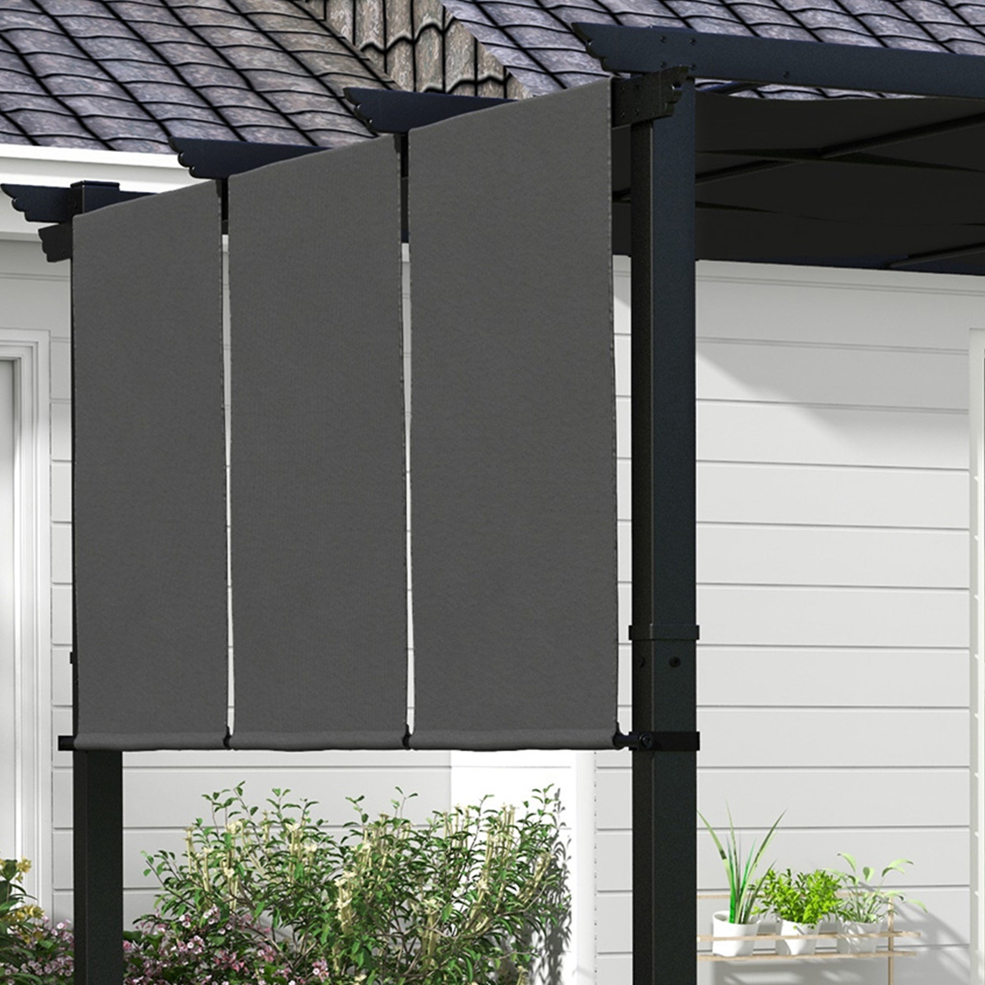 Pergola with 3 Sliding Canopies 3 x 3 m Steel Structure High Density Polyester Canopy Dark Gray