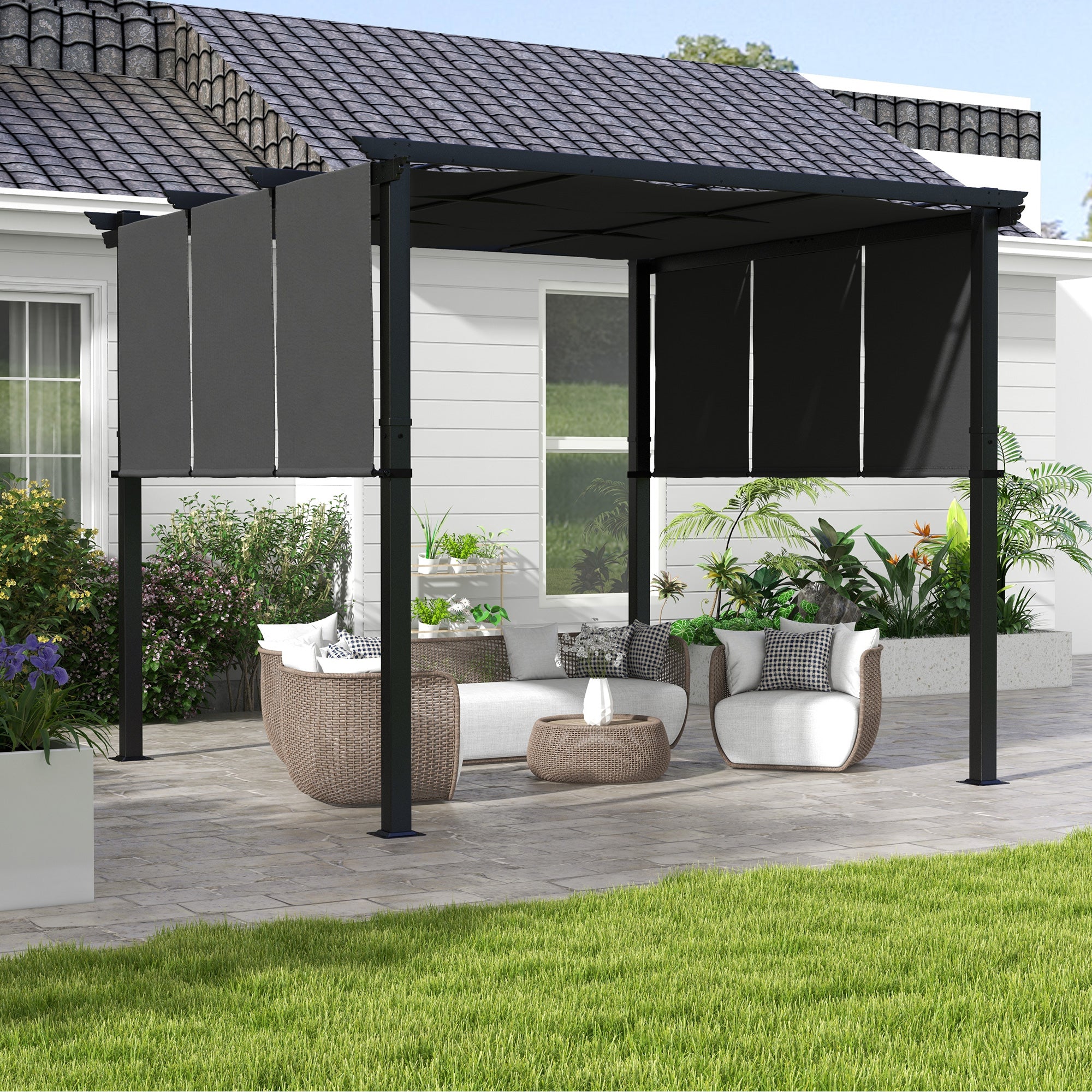 Pergola with 3 Sliding Canopies 3 x 3 m Steel Structure High Density Polyester Canopy Dark Gray