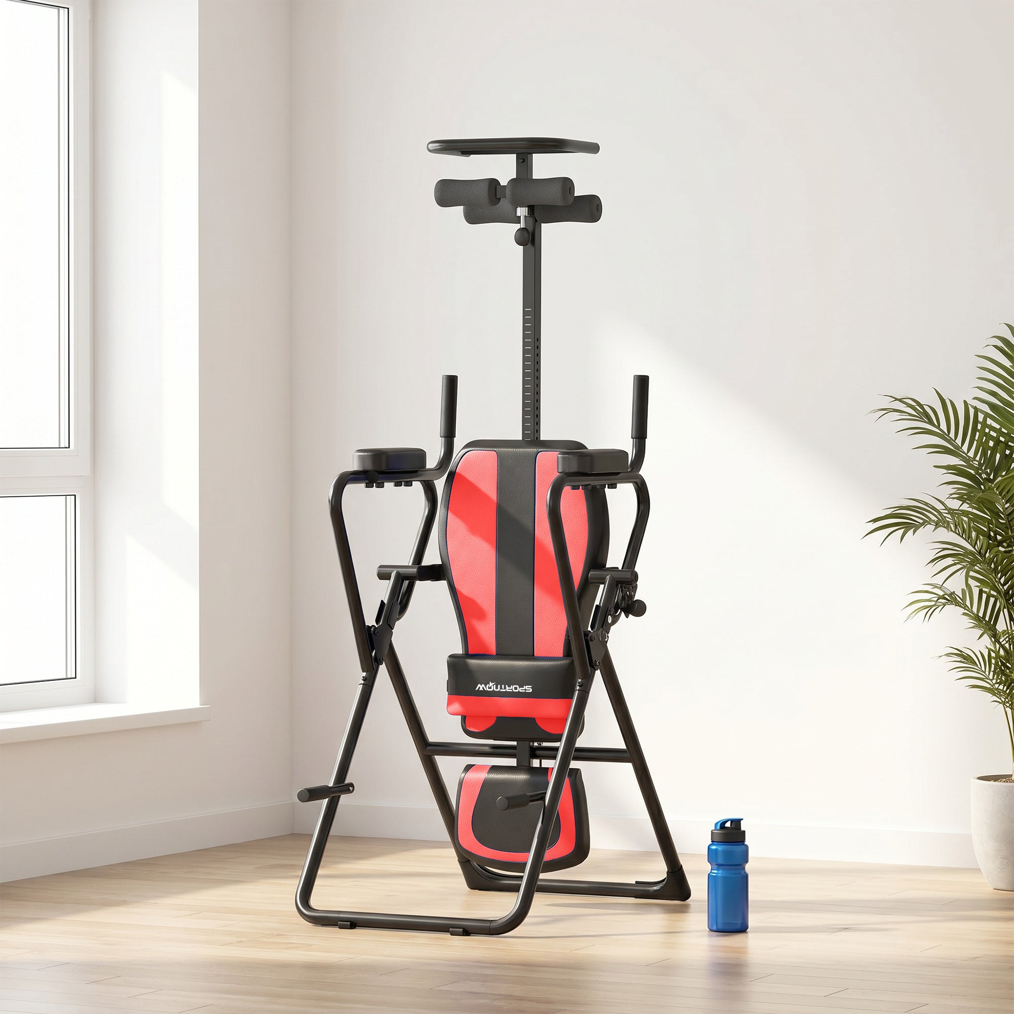 SPORTNOW 3-in-1 Foldable Inversion Table with Adjustable Headrest (61–78 in), Pull-Up & Push-Up Bars, 20°/40°/60° Angles, Lumbar Support, Ankle Lock — Red