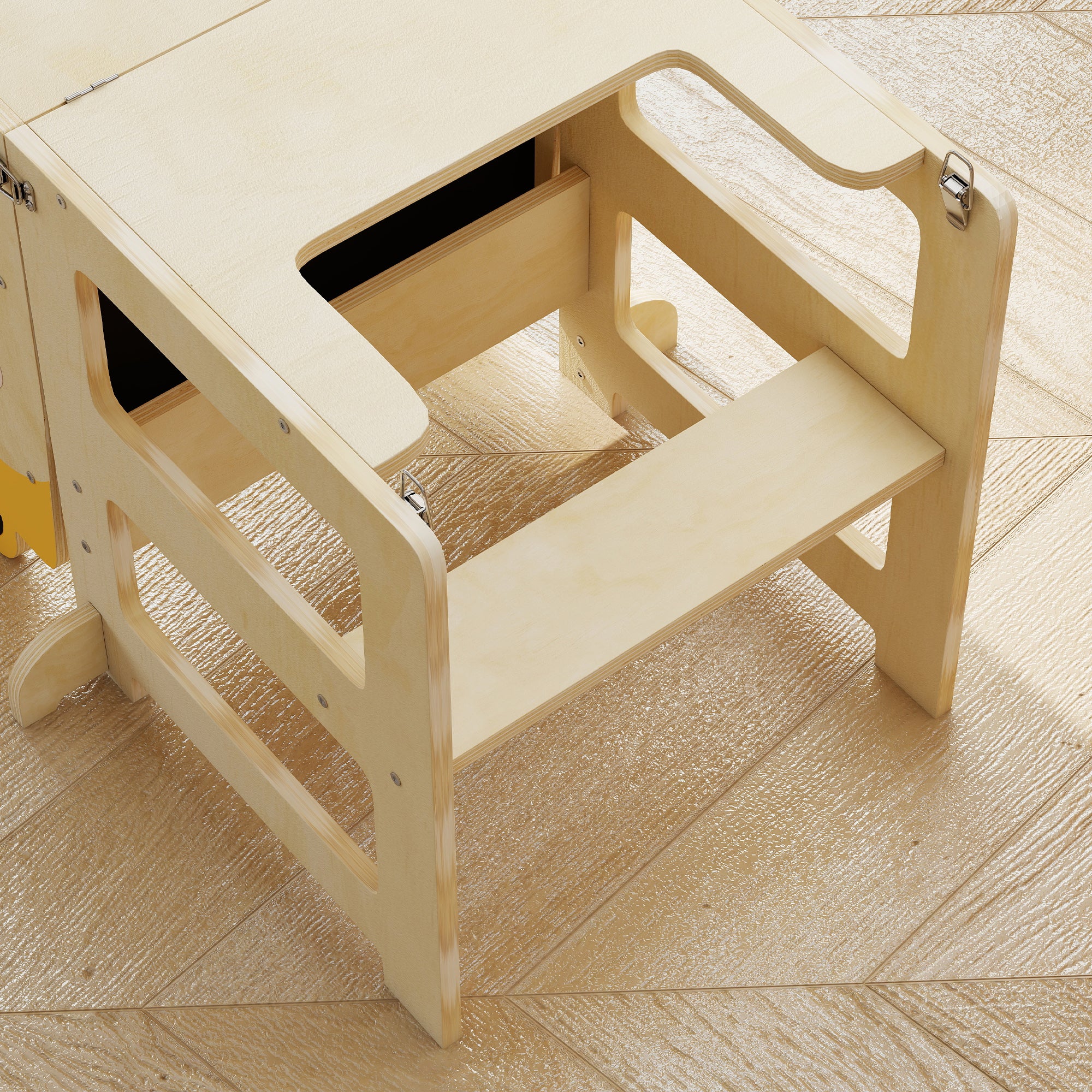 Montessori Learning Tower for Kids (2–5 yrs) with Chalkboard & Table — Natural Plywood