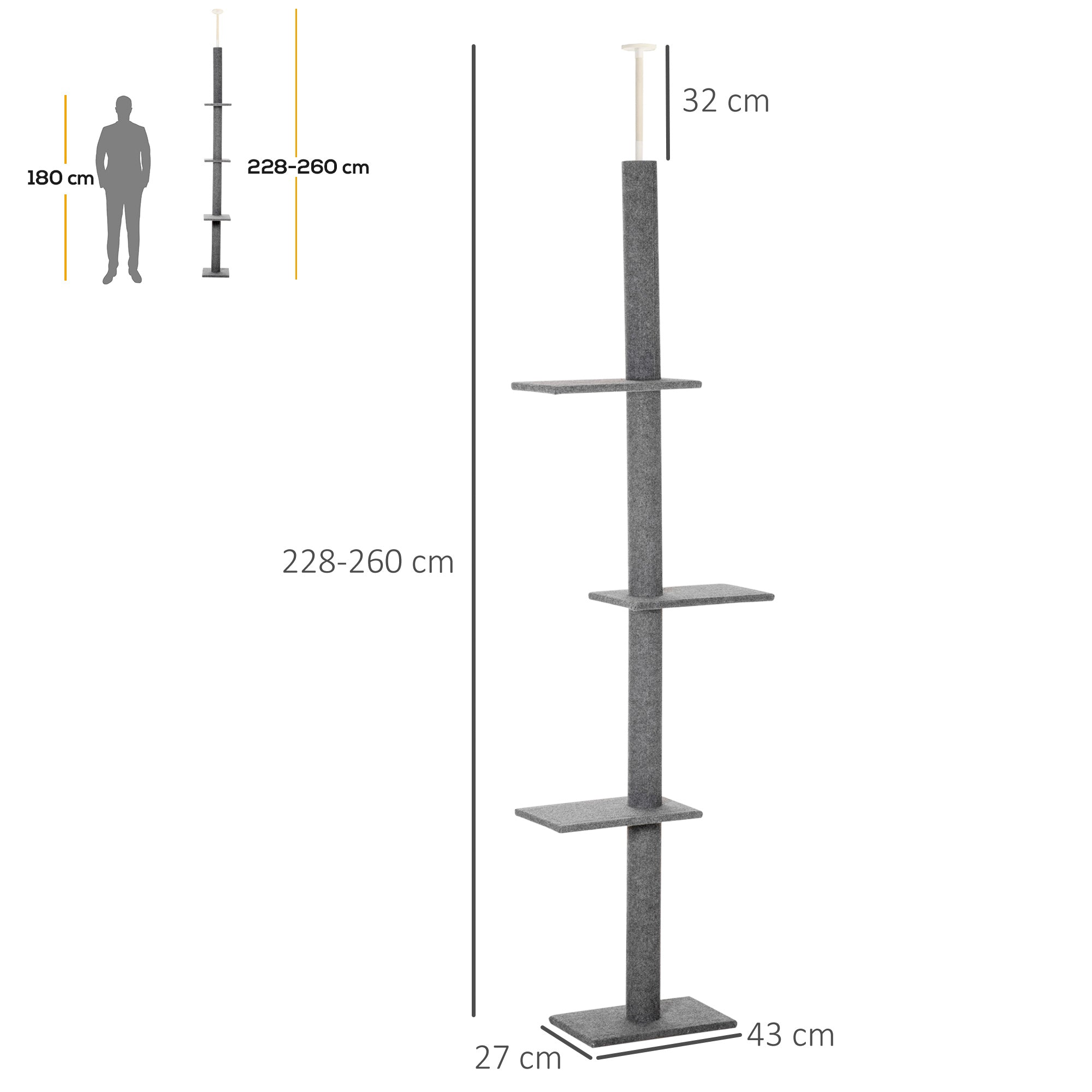 Cat Tree Ceiling-High, 228-260 cm Height Adjustable Cat Climbing Tree with 3 Levels, Cat Scratching Tree, Floor-to-Ceiling Play Tree in Gray