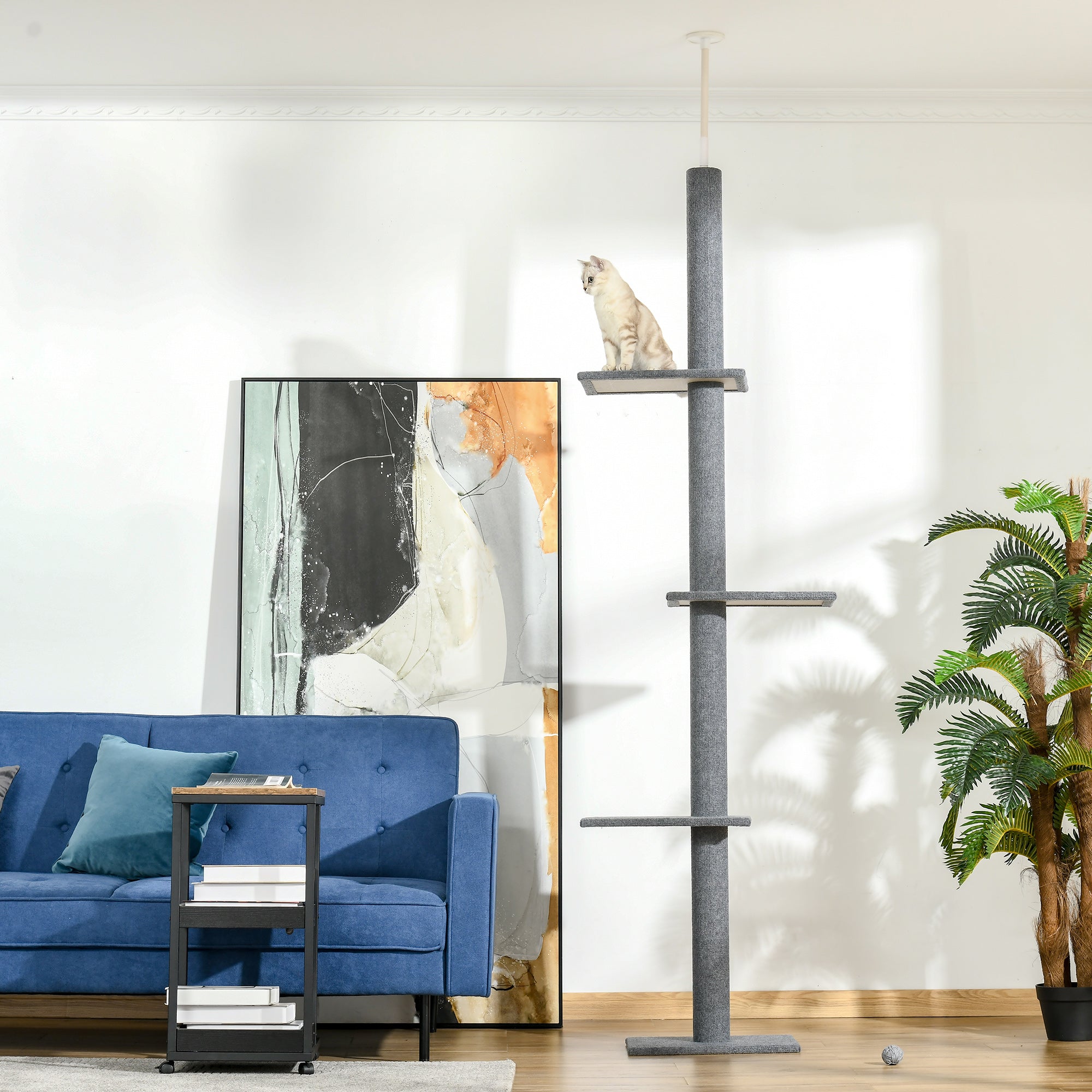 Cat Tree Ceiling-High, 228-260 cm Height Adjustable Cat Climbing Tree with 3 Levels, Cat Scratching Tree, Floor-to-Ceiling Play Tree in Gray