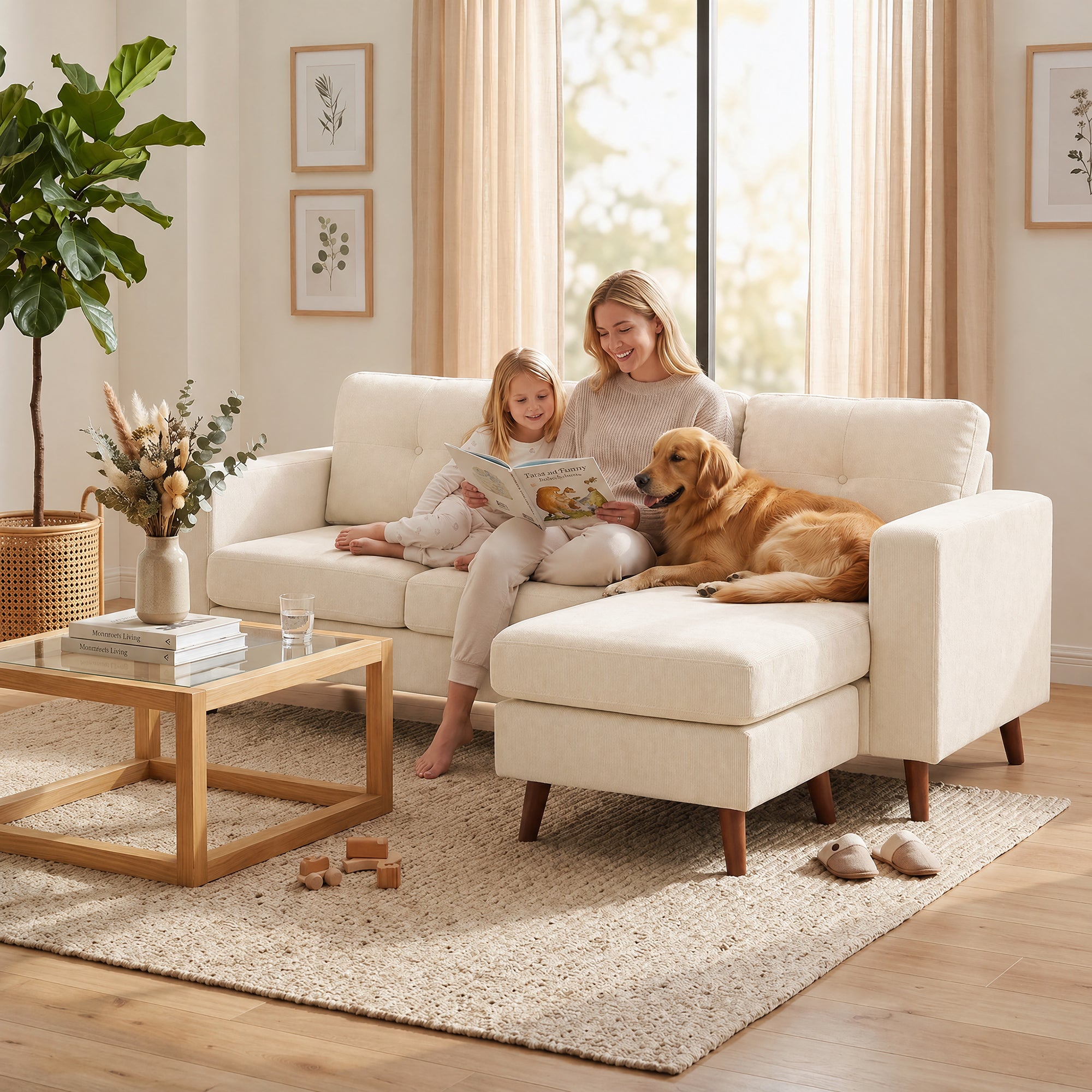 3-Seater L-Shape Corner Sofa with Reversible Chaise, Cord-Look Upholstery — Cream White (76" x 54" x 33")