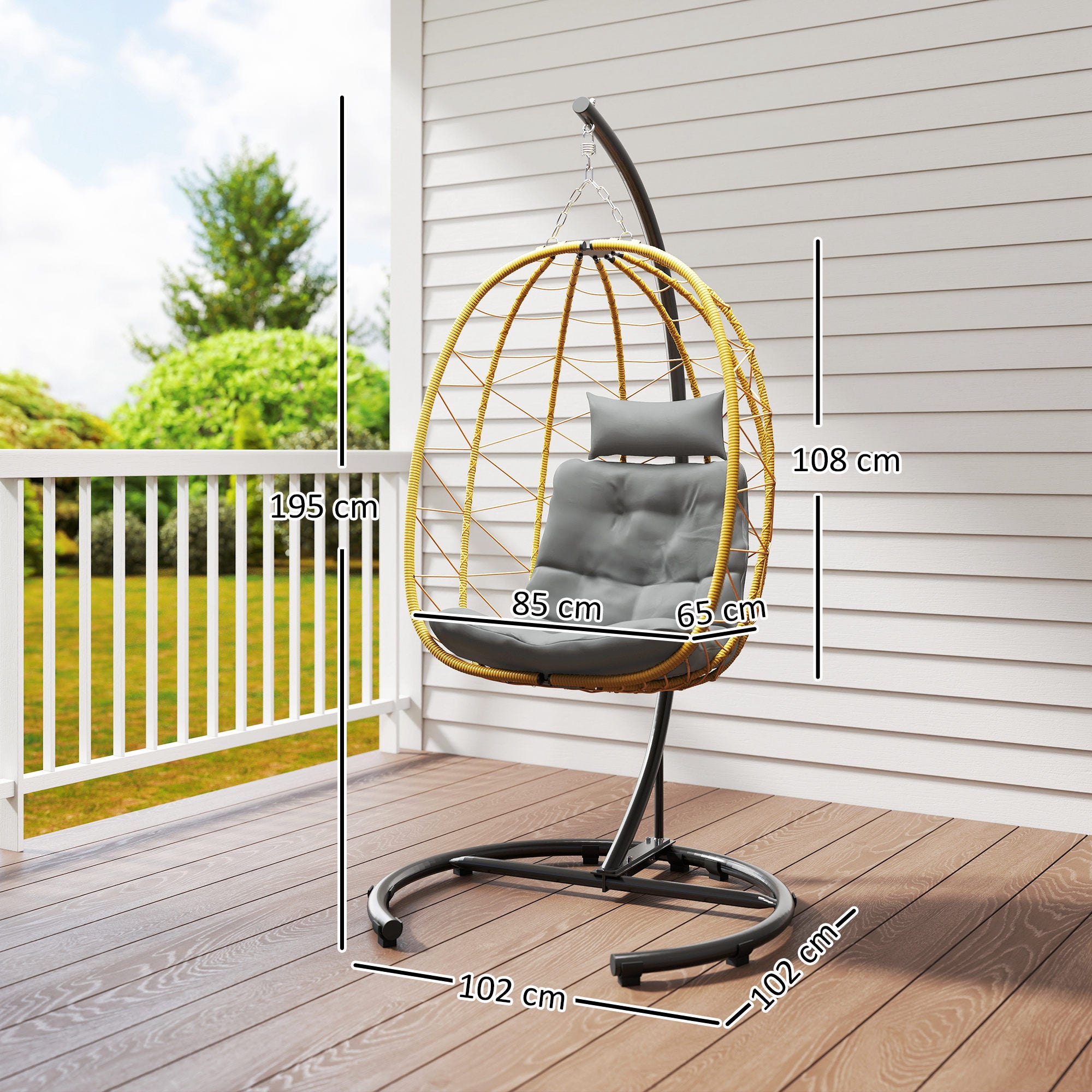 Hanging Armchair 150kg max with Foldable Basket and Cushions, Garden Rocking Armchair in Steel and PE Rattan, 102x102x195 cm, Black Gray and Beige