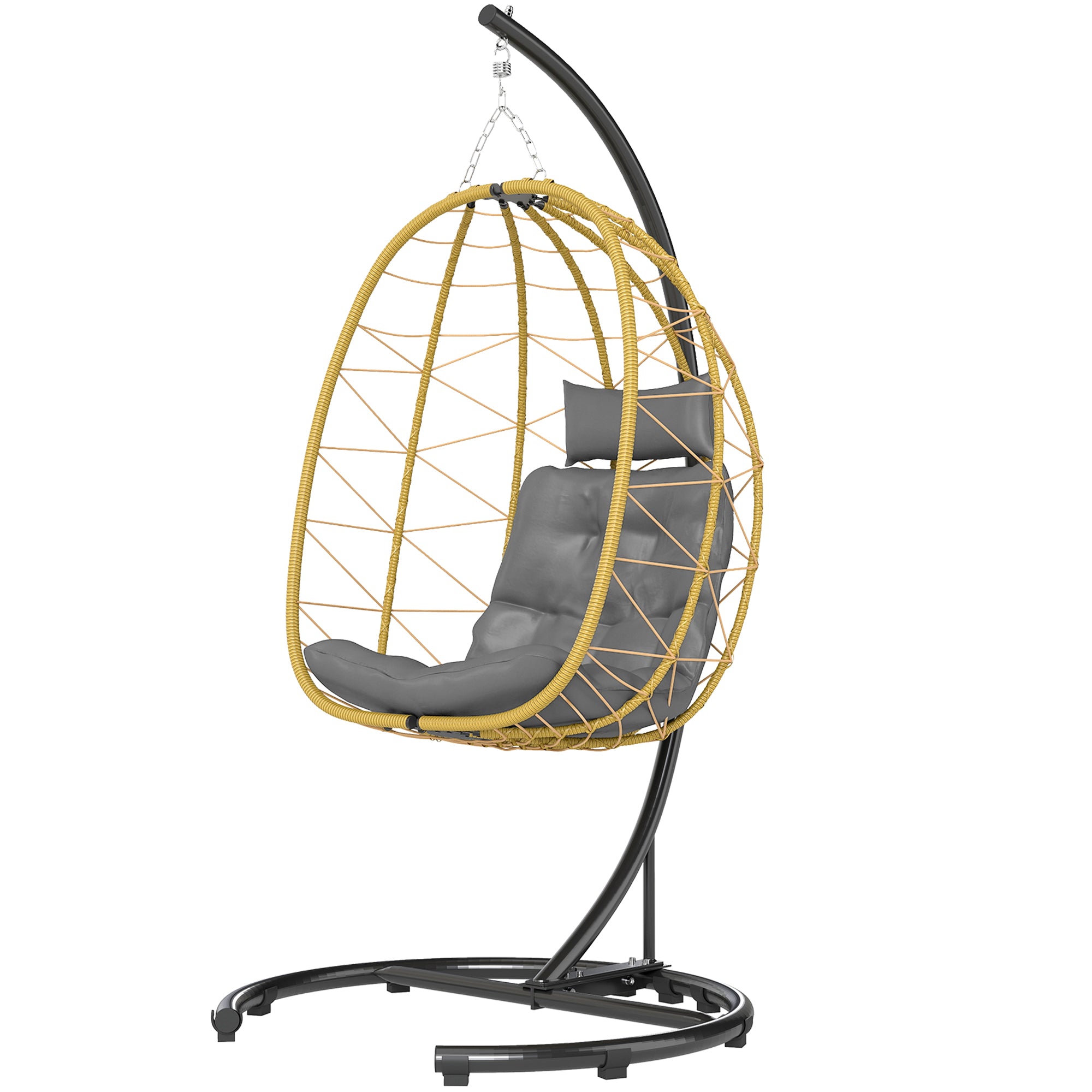 Hanging Armchair 150kg max with Foldable Basket and Cushions, Garden Rocking Armchair in Steel and PE Rattan, 102x102x195 cm, Black Gray and Beige