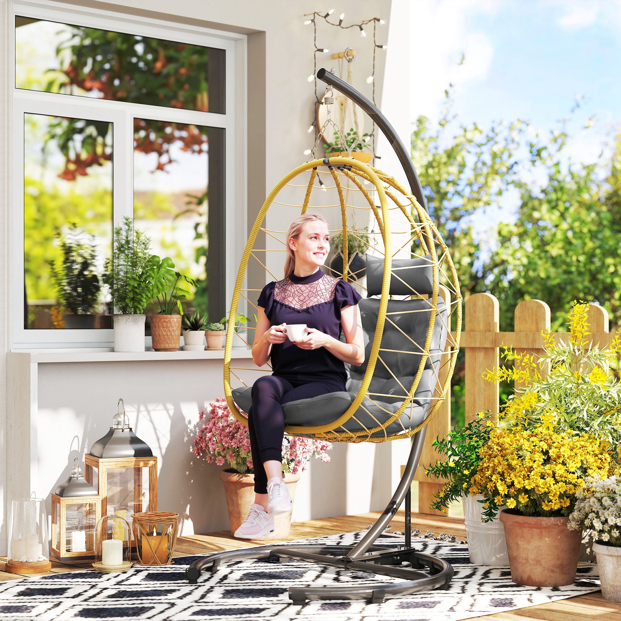 Hanging Armchair 150kg max with Foldable Basket and Cushions, Garden Rocking Armchair in Steel and PE Rattan, 102x102x195 cm, Black Gray and Beige