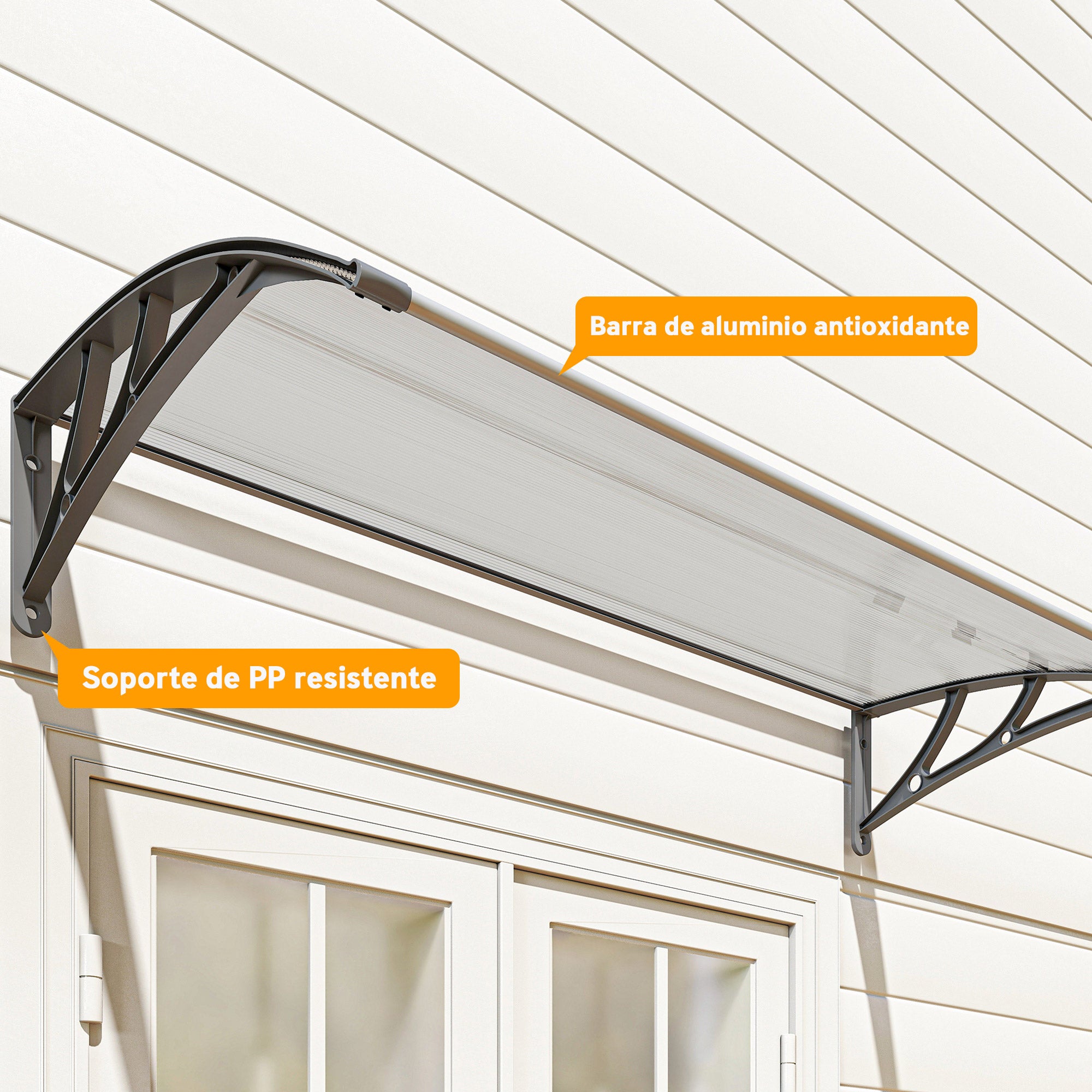 110x60 cm Transparent Polycarbonate Canopy Awning for Doors and Windows against Sun and Rain with PP Plastic Support