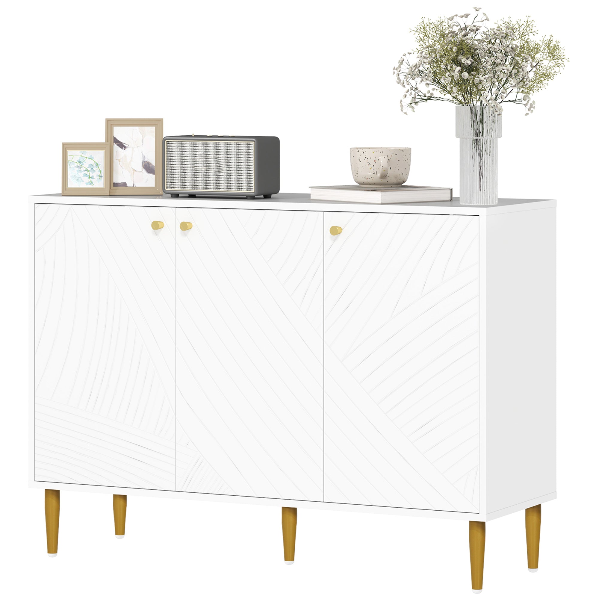 Sideboard, storage unit, with 2 cupboards, 3 doors with sculpted lines, adjustable shelves, golden steel feet, white
