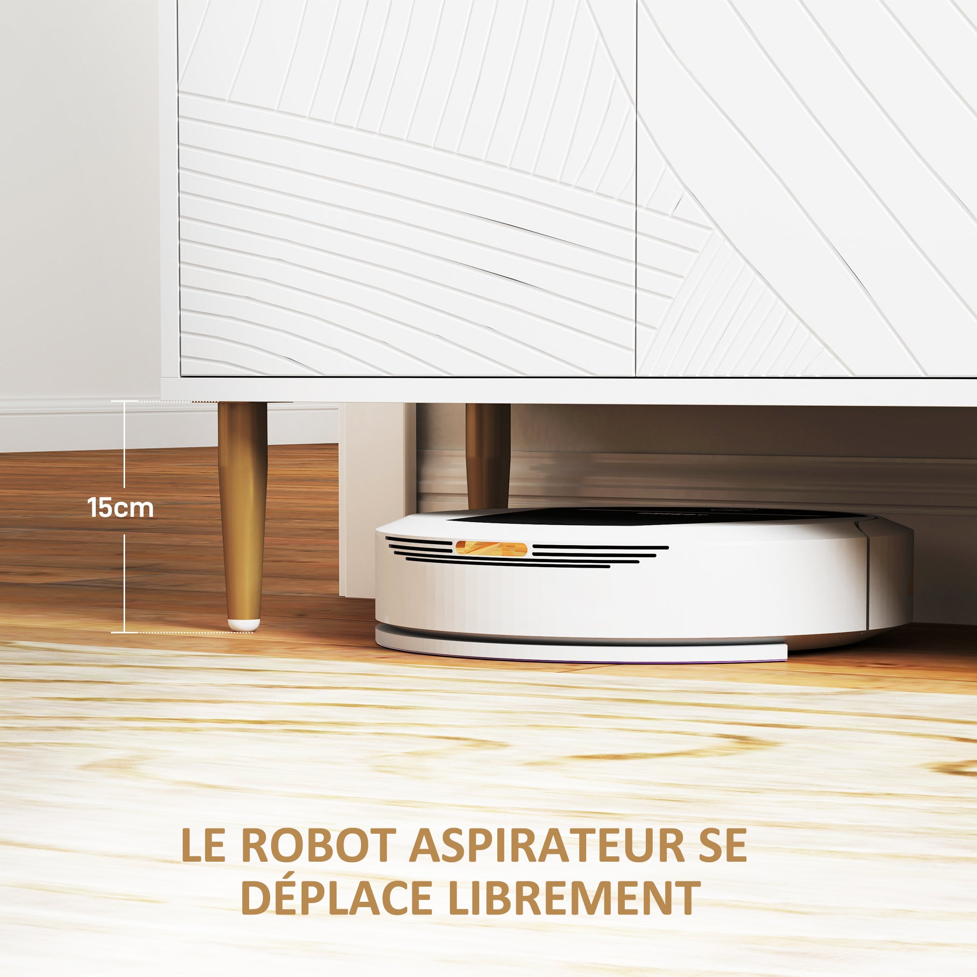 Sideboard, storage unit, with 2 cupboards, 3 doors with sculpted lines, adjustable shelves, golden steel feet, white