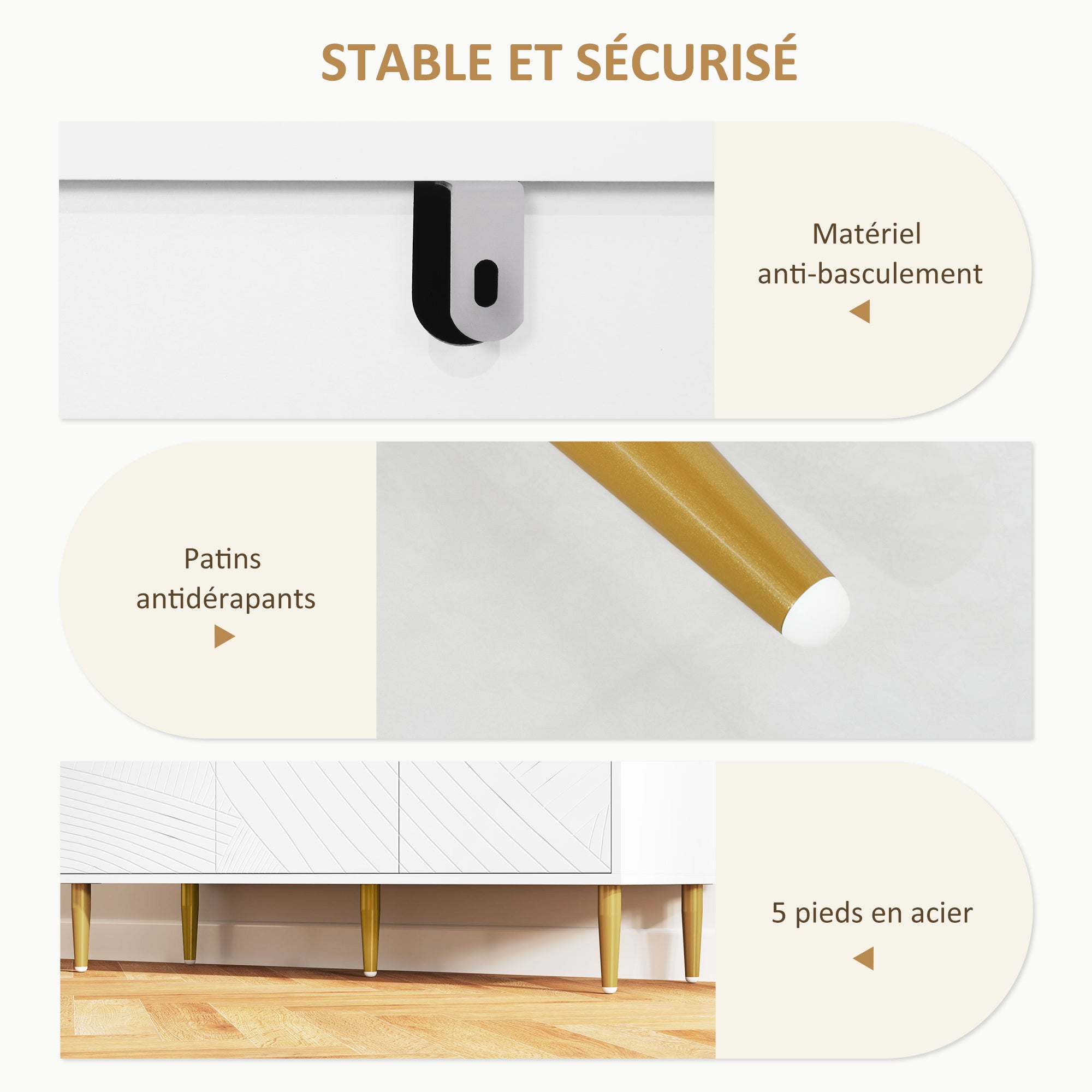 Sideboard, storage unit, with 2 cupboards, 3 doors with sculpted lines, adjustable shelves, golden steel feet, white