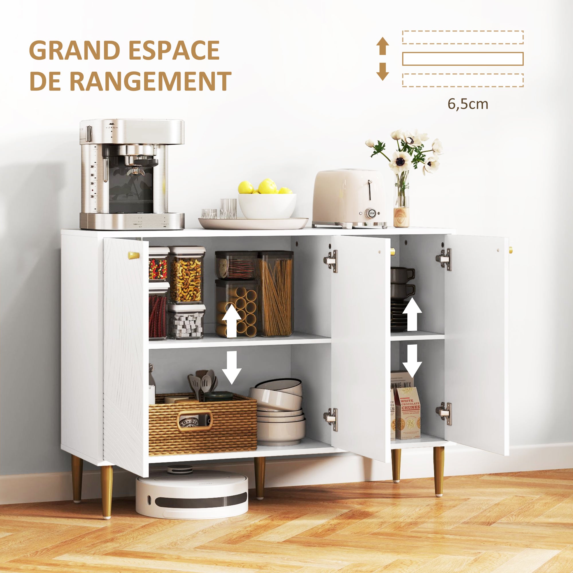 Sideboard, storage unit, with 2 cupboards, 3 doors with sculpted lines, adjustable shelves, golden steel feet, white
