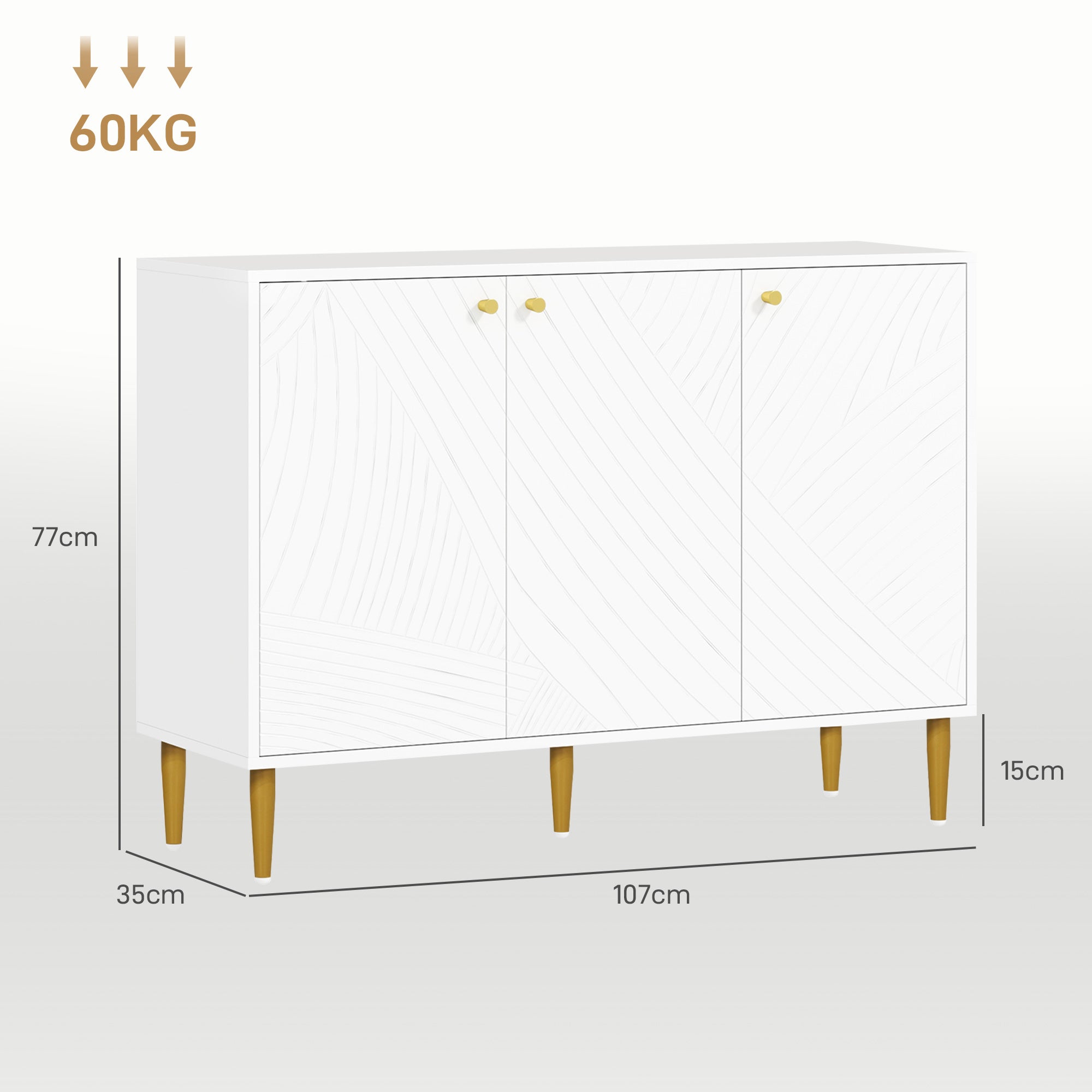 Sideboard, storage unit, with 2 cupboards, 3 doors with sculpted lines, adjustable shelves, golden steel feet, white