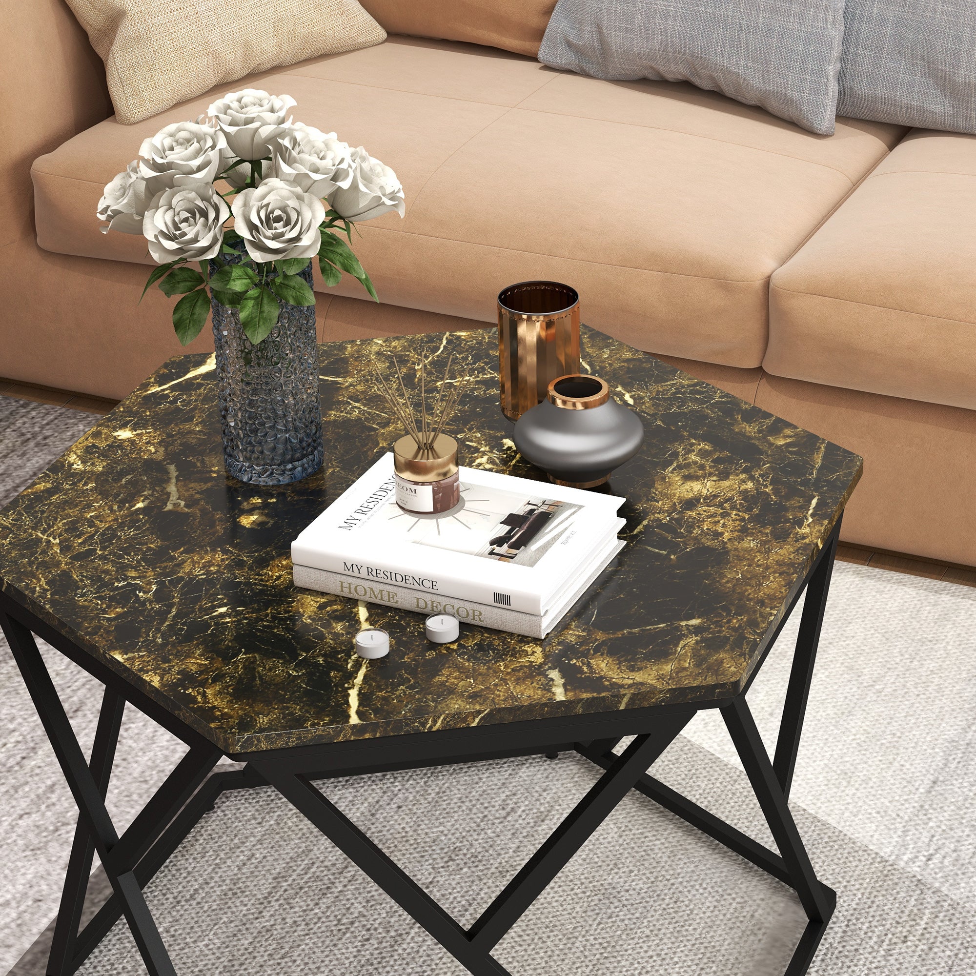 Modern Coffee Table with Faux Marble Top and MDF and Steel Structure, 81x70x51.2cm, Black