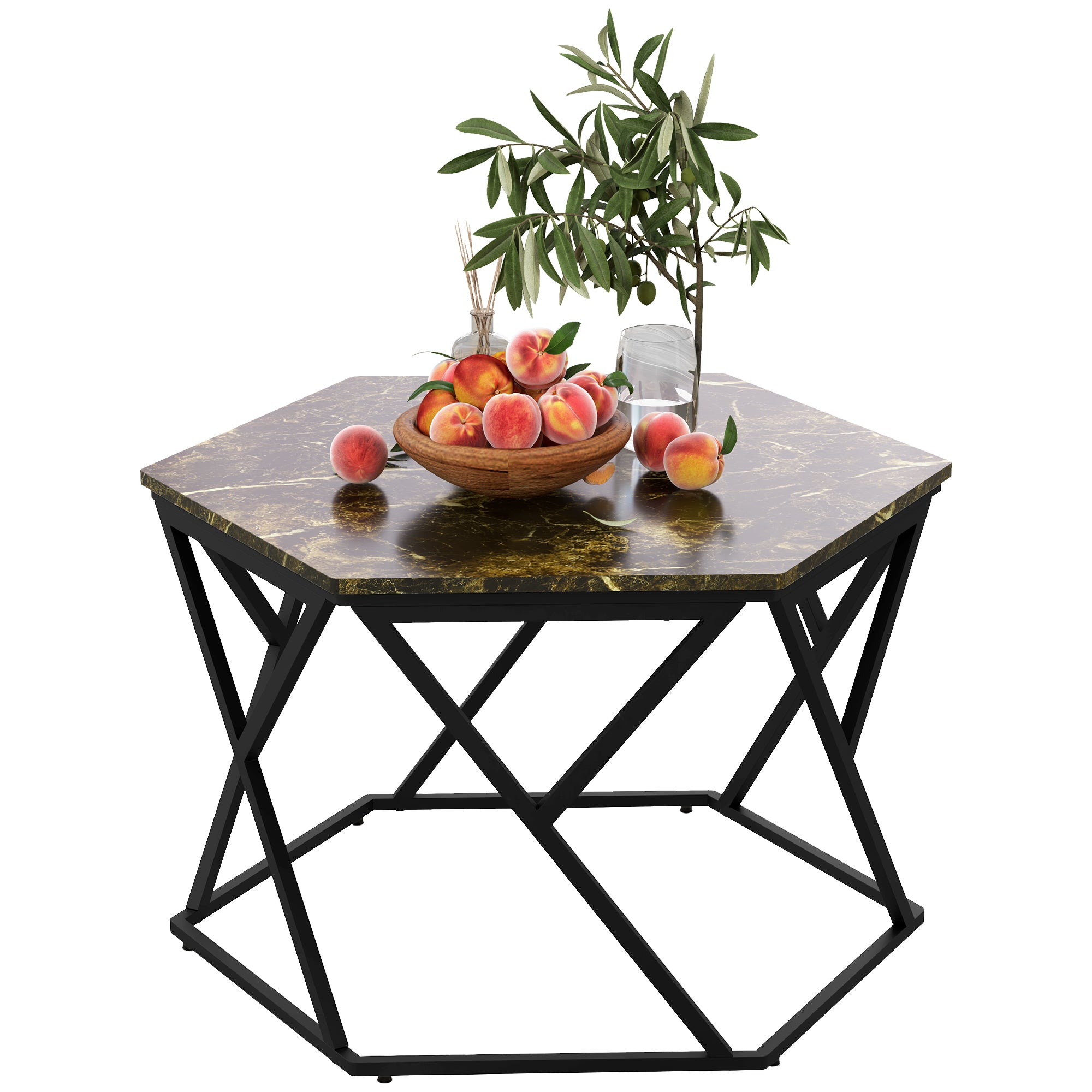 Modern Coffee Table with Faux Marble Top and MDF and Steel Structure, 81x70x51.2cm, Black