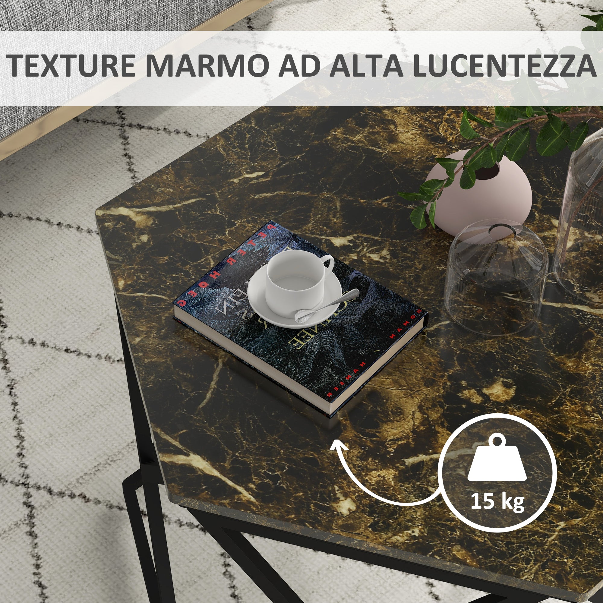 Modern Coffee Table with Faux Marble Top and MDF and Steel Structure, 81x70x51.2cm, Black