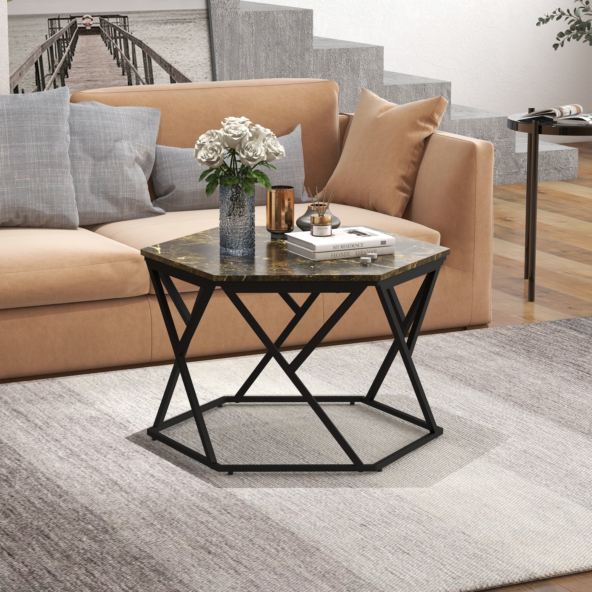 Modern Coffee Table with Faux Marble Top and MDF and Steel Structure, 81x70x51.2cm, Black